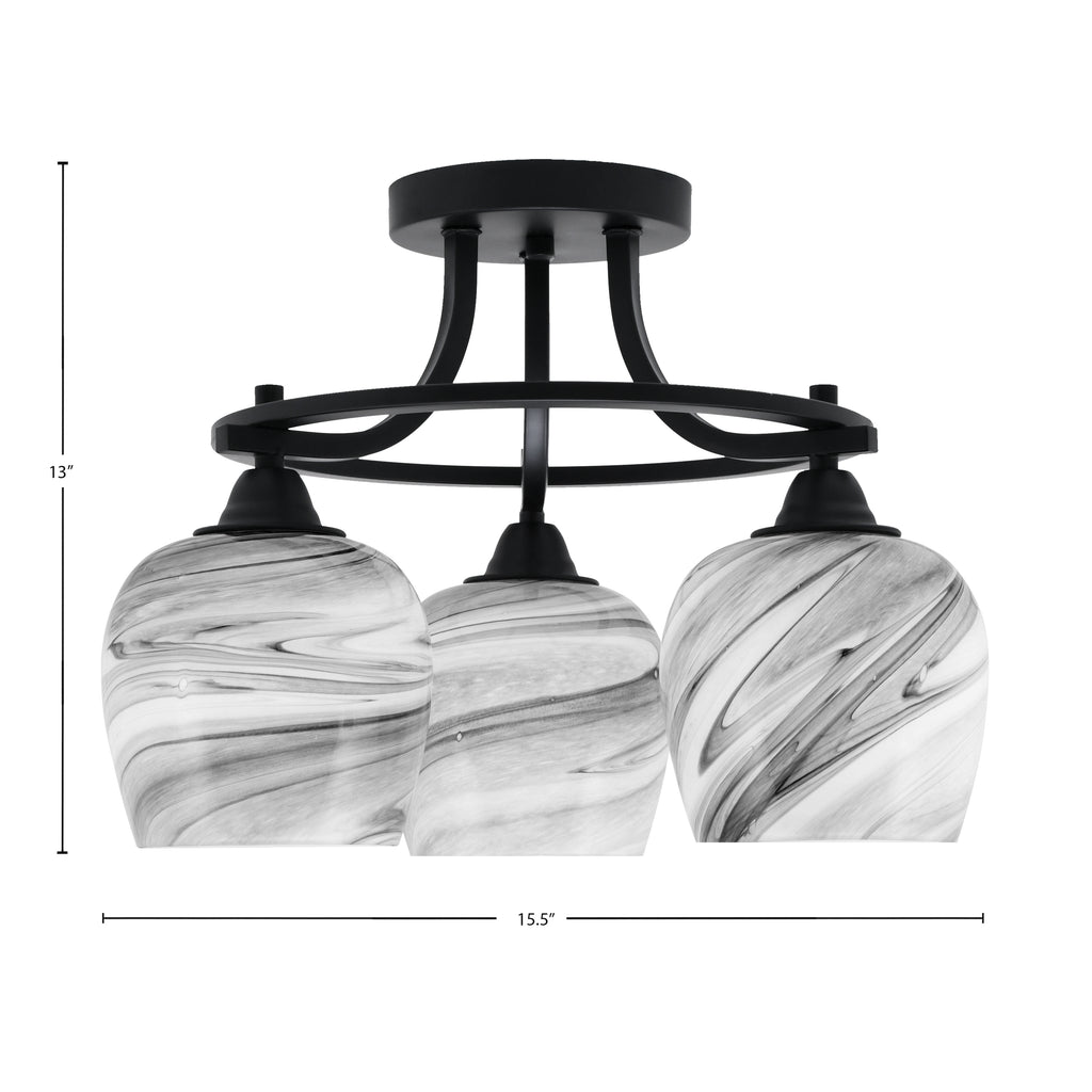 Paramount Three Light Semi-Flush Mount in Matte Black with 6" Onyx Swirl Shade