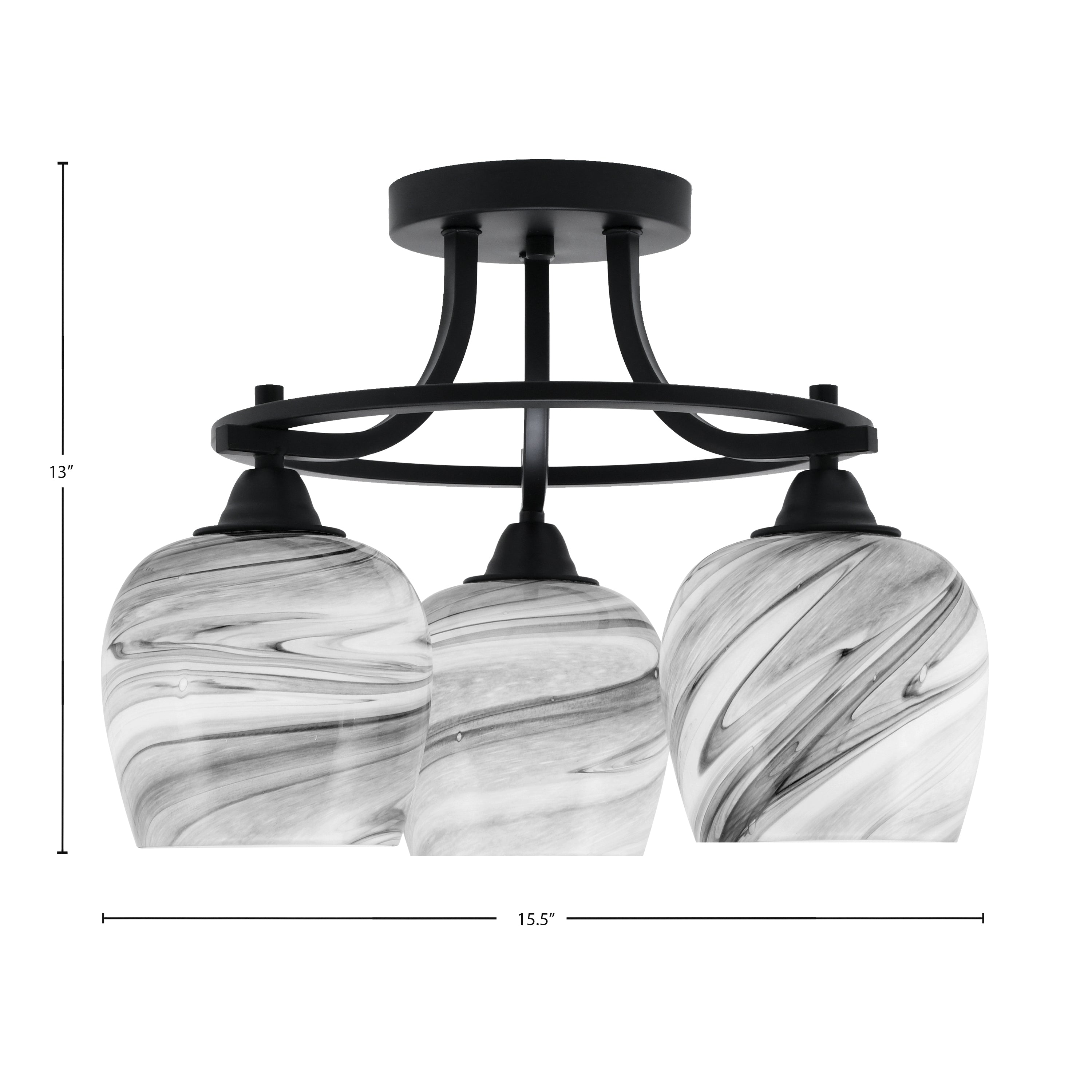 Paramount Three Light Semi-Flush Mount in Matte Black with 6" Onyx Swirl Shade