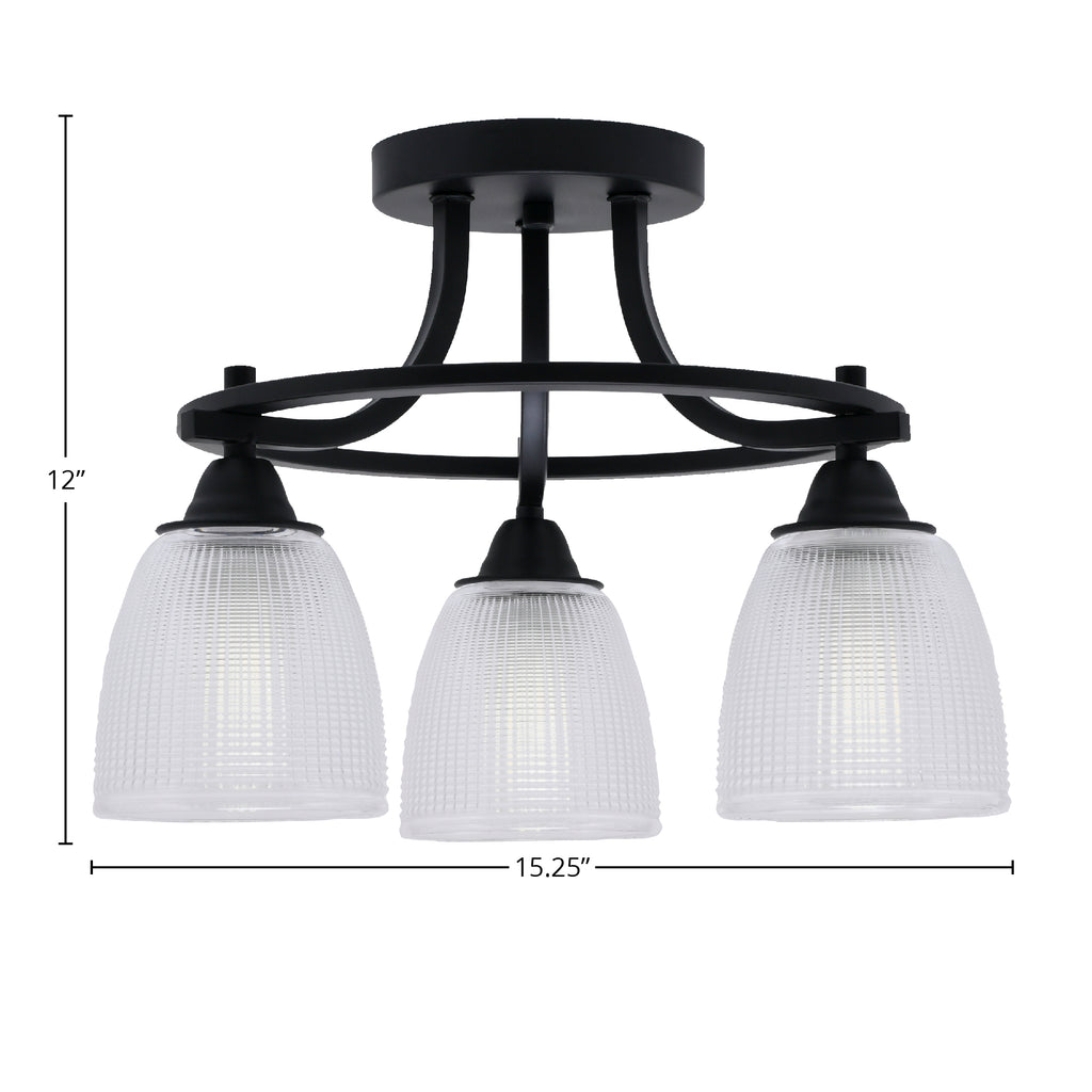 Paramount Three Light Semi-Flush Mount in Matte Black with 5" Clear Ribbed Shade