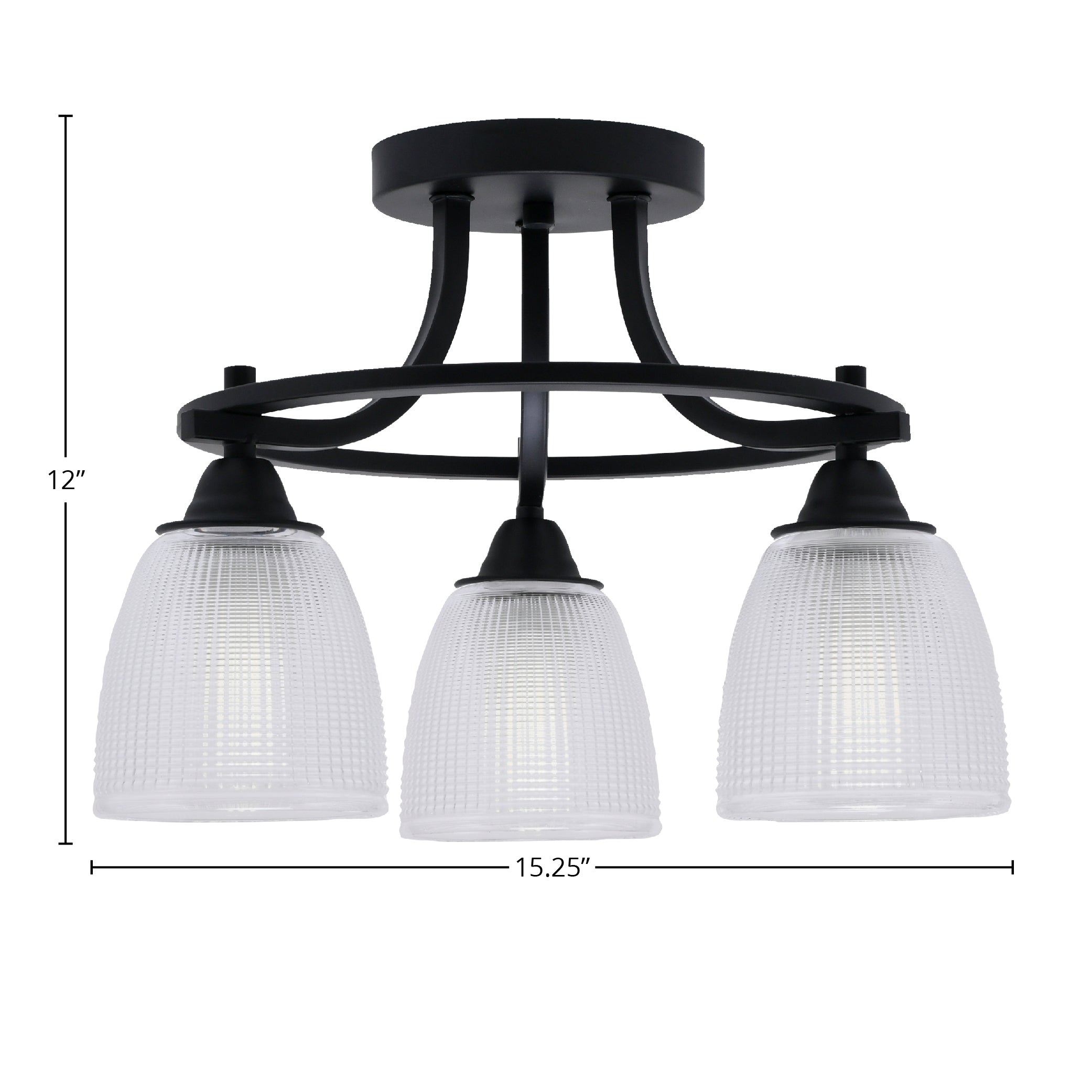 Paramount Three Light Semi-Flush Mount in Matte Black with 5" Clear Ribbed Shade