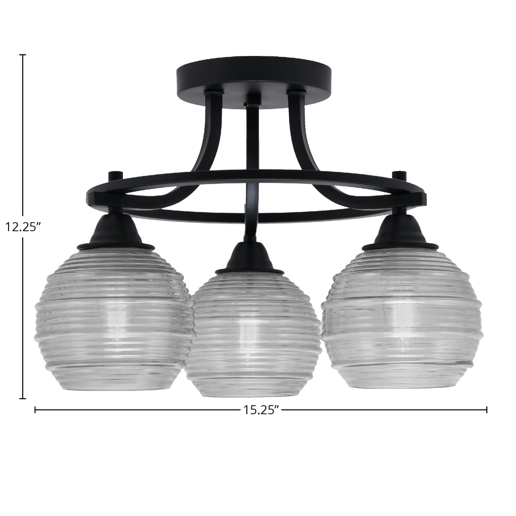 Paramount Three Light Semi-Flush Mount in Matte Black with 6" Clear Ribbed Shade