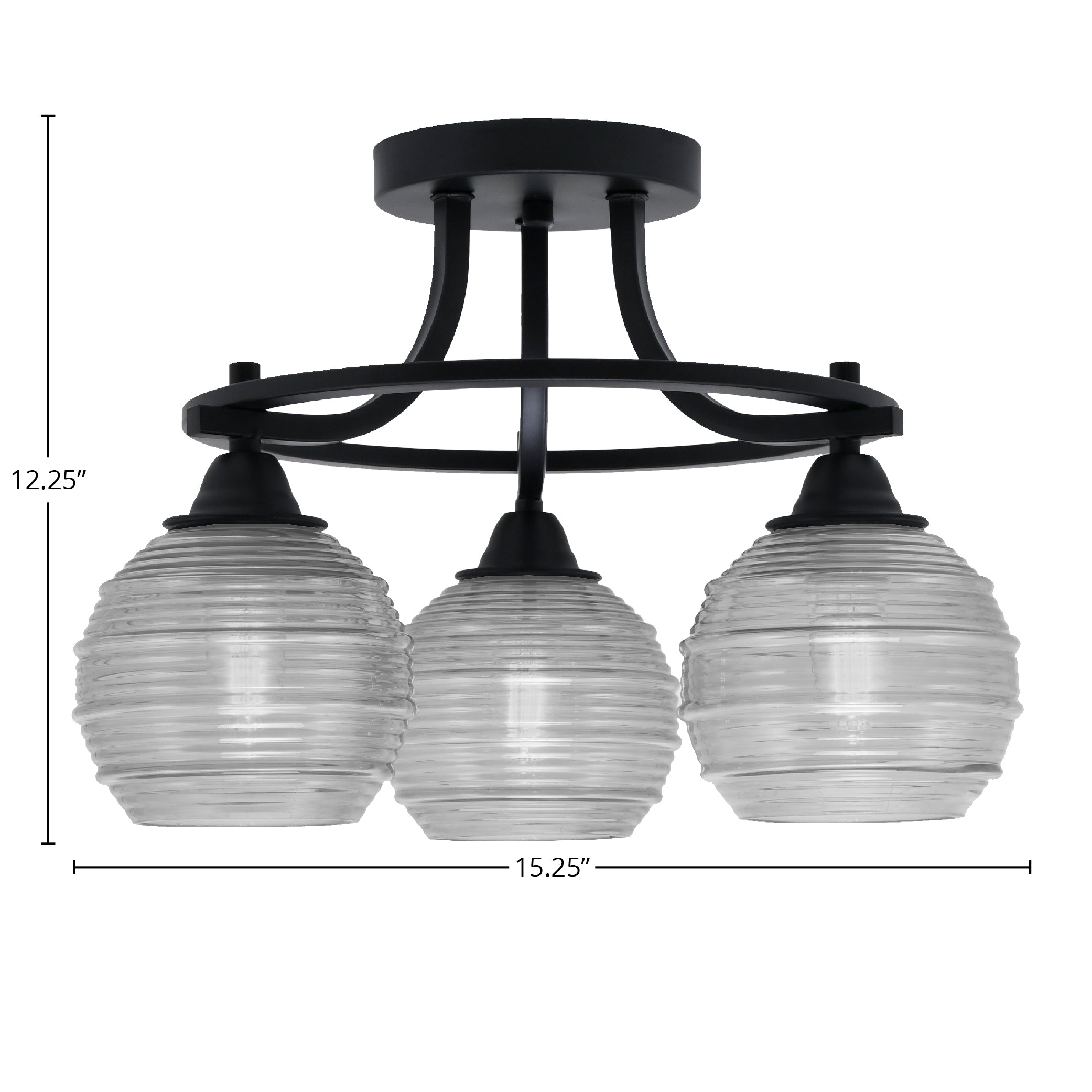 Paramount Three Light Semi-Flush Mount in Matte Black with 6" Clear Ribbed Shade