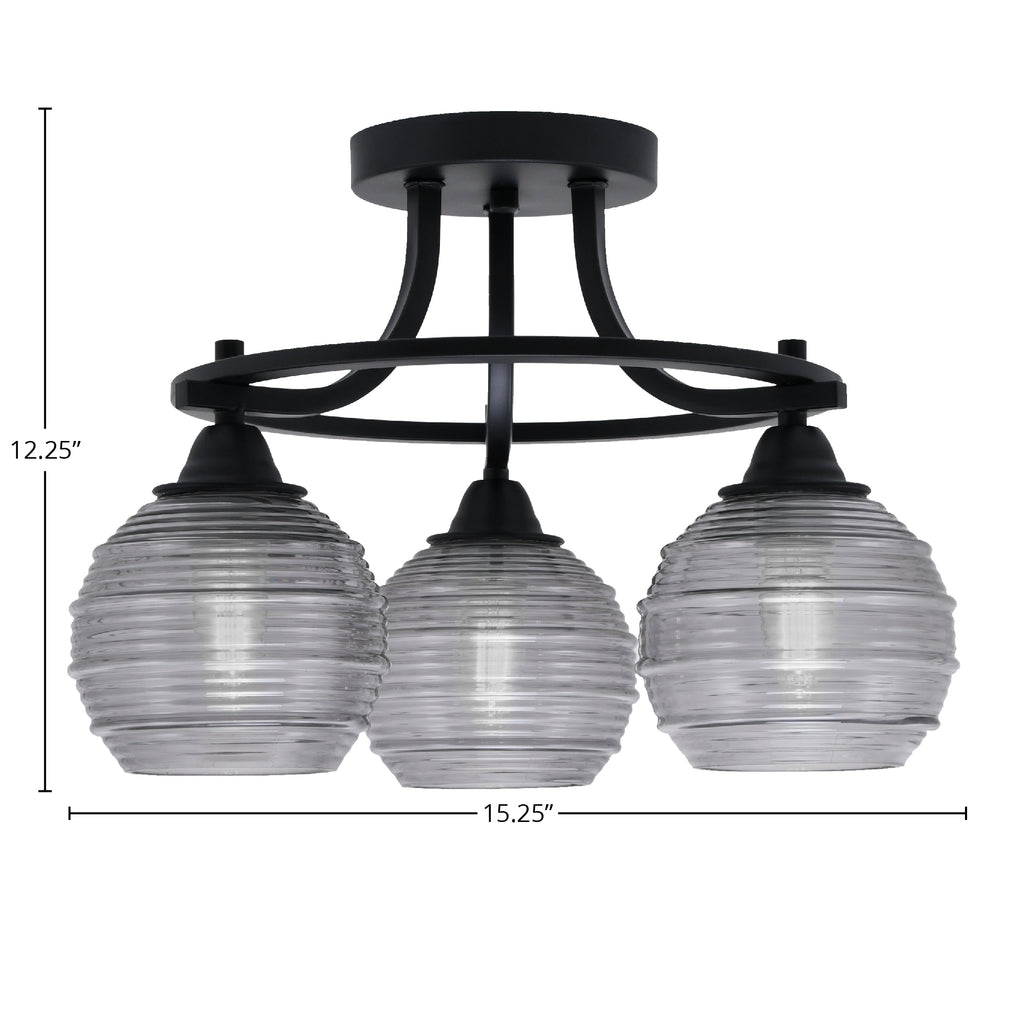 Paramount Three Light Semi-Flush Mount in Matte Black with 6" Smoke Ribbed Shade