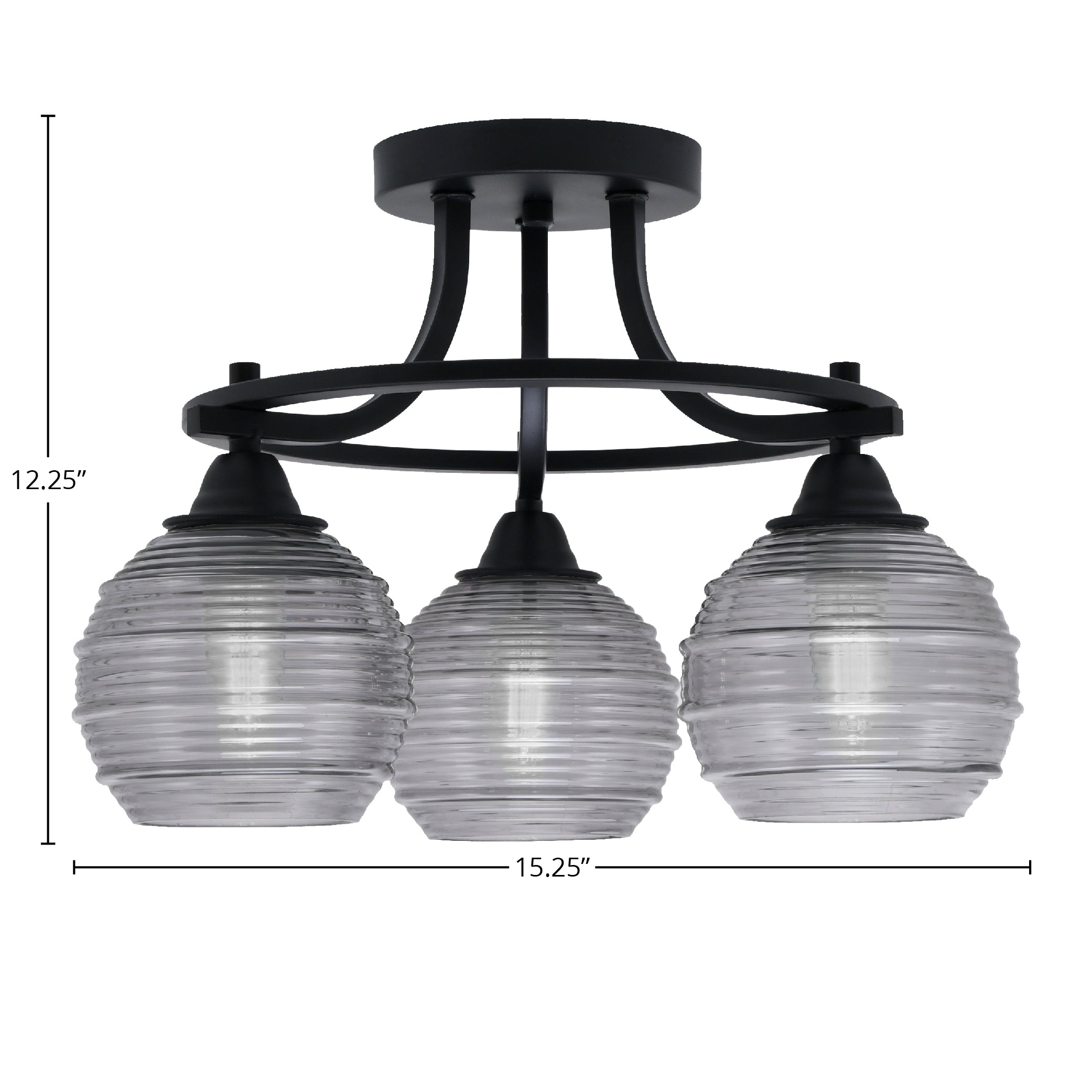 Paramount Three Light Semi-Flush Mount in Matte Black with 6" Smoke Ribbed Shade