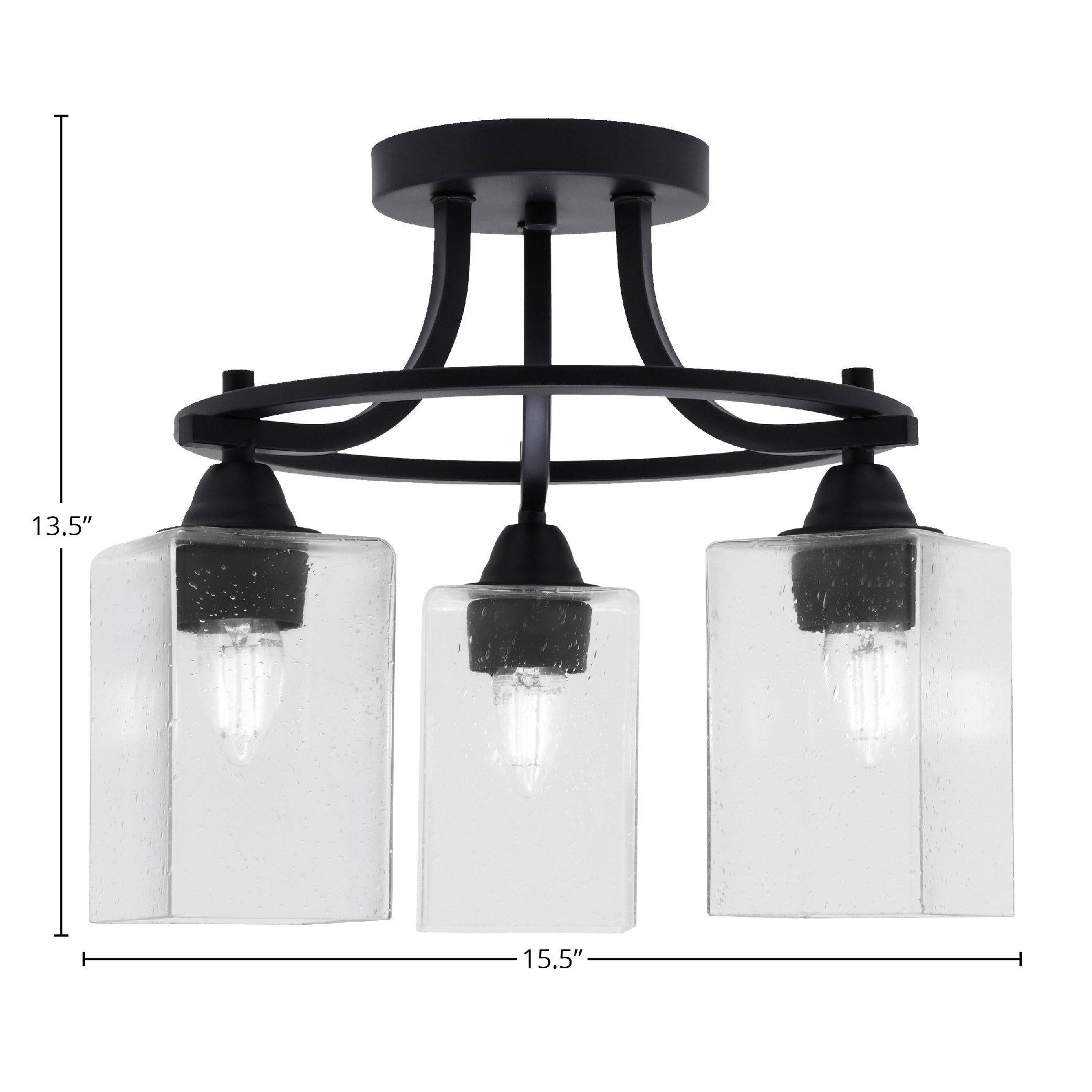 Paramount Three Light Semi-Flush Mount in Matte Black with 4" Square Clear Bubble Shade