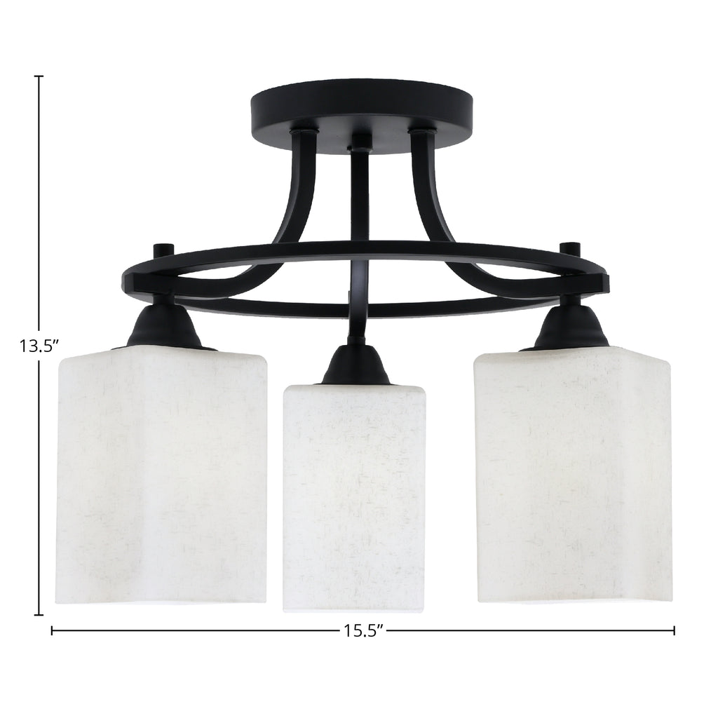 Paramount Three Light Semi-Flush Mount in Matte Black with 4" Square White Muslin Shade