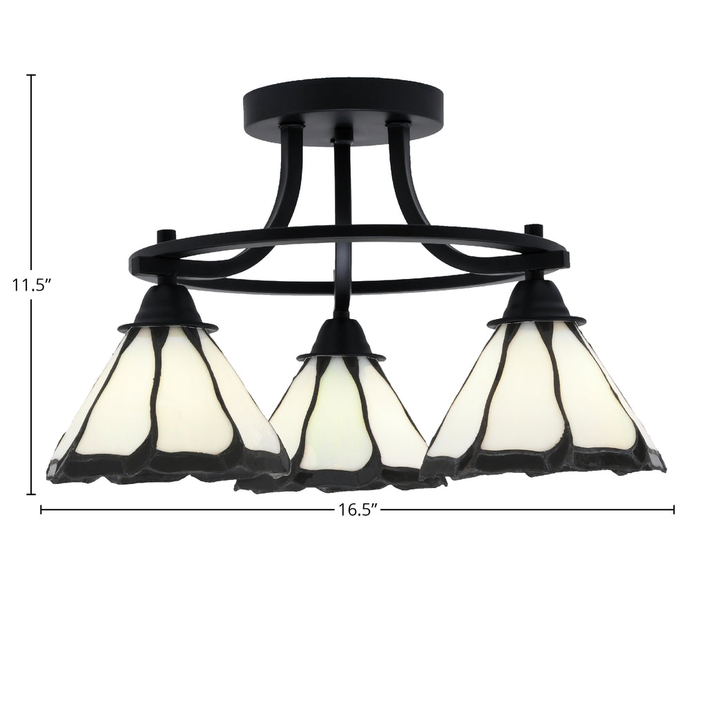 Paramount Three Light Semi-Flush Mount in Matte Black with 7" Pearl & Black Flair Art Glass Shade