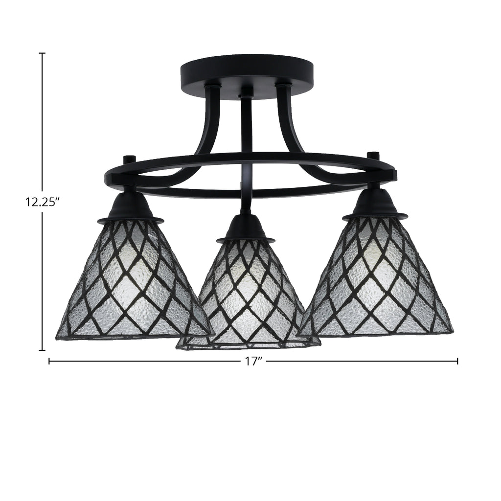 Paramount Three Light Semi-Flush Mount in Matte Black with 7" Diamond Ice Art Glass Shade