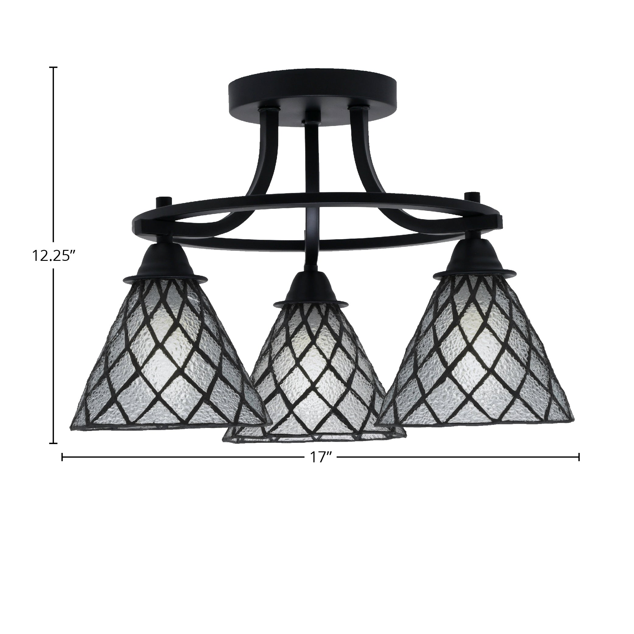 Paramount Three Light Semi-Flush Mount in Matte Black with 7" Diamond Ice Art Glass Shade