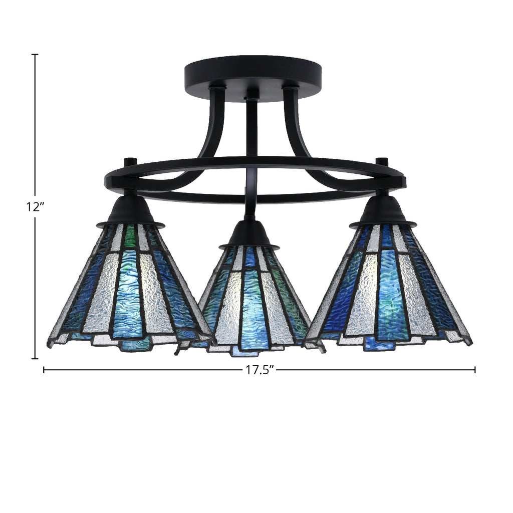 Paramount Three Light Semi-Flush Mount in Matte Black with 7" Sea Ice Art Glass Shade