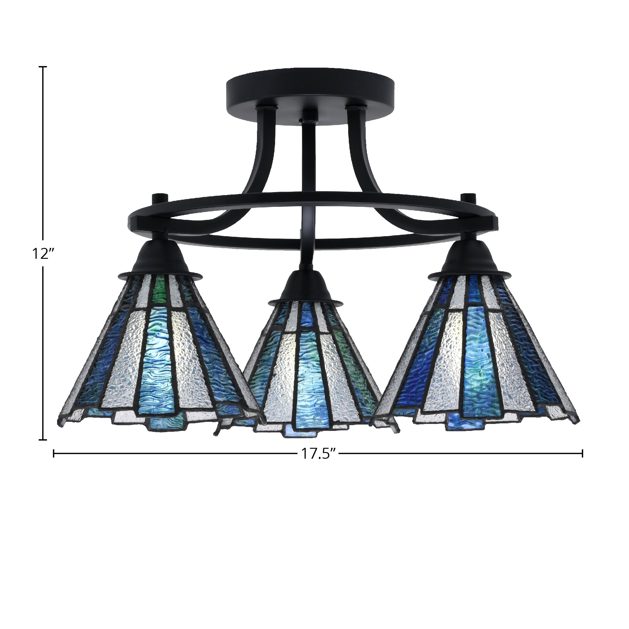 Paramount Three Light Semi-Flush Mount in Matte Black with 7" Sea Ice Art Glass Shade