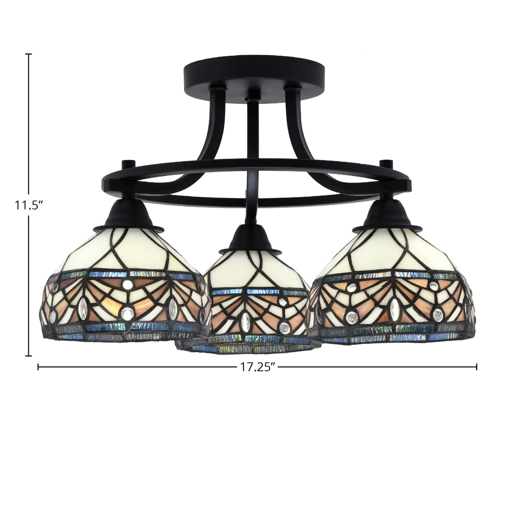Paramount Three Light Semi-Flush Mount in Matte Black with 7" Royal Merlot Art Glass Shade