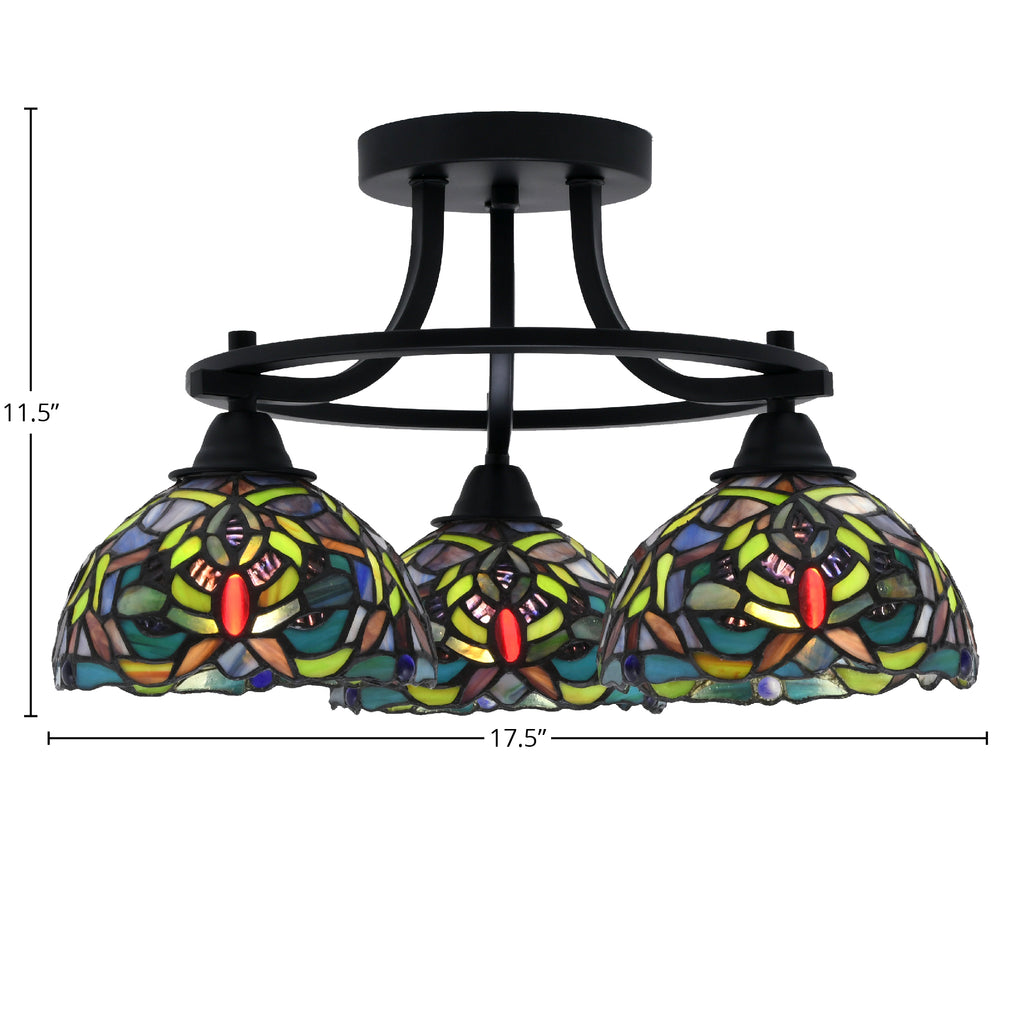 Paramount Three Light Semi-Flush Mount in Matte Black with 7" Kaleidoscope Art Glass Shade