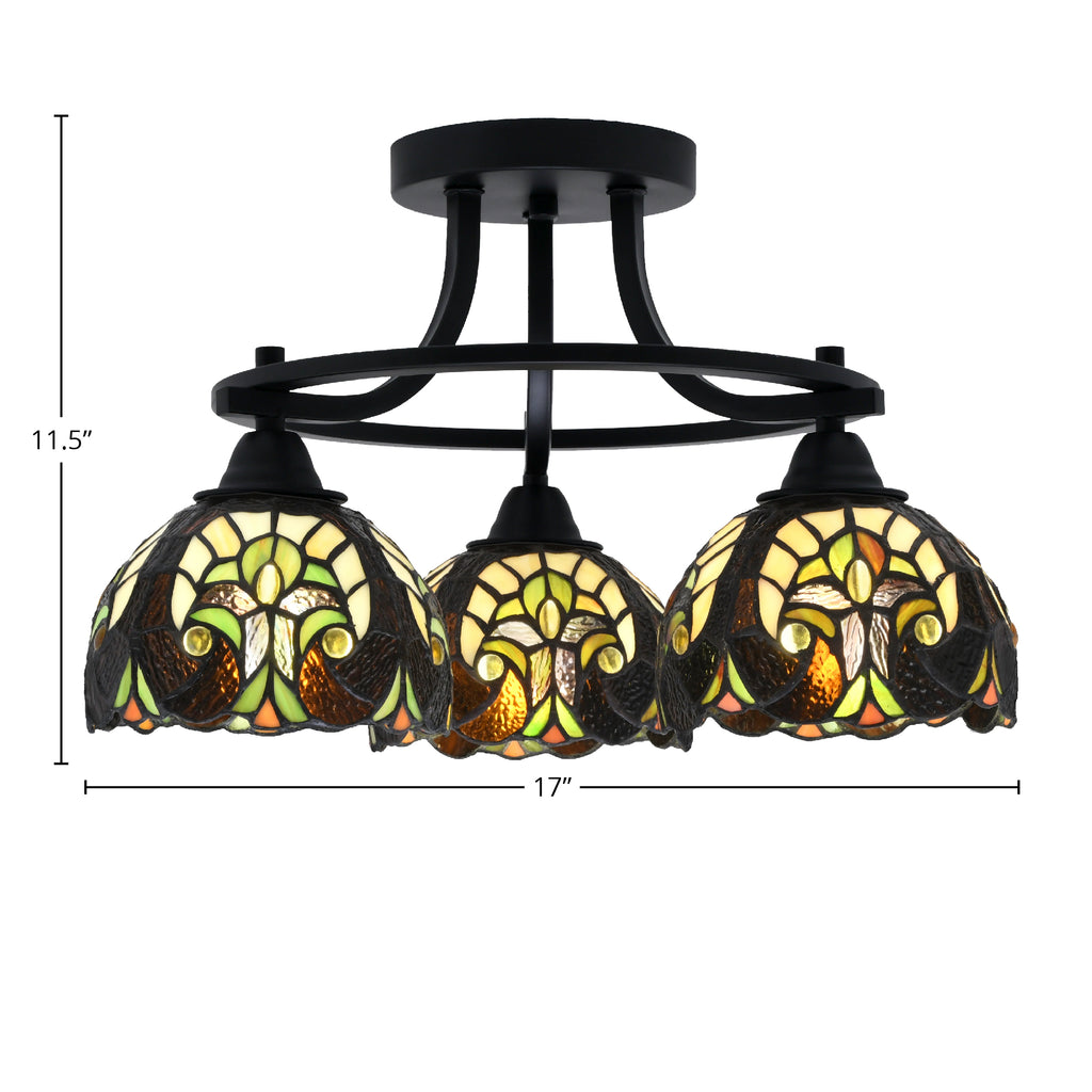 Paramount Three Light Semi-Flush Mount in Matte Black with 7" Ivory Cypress Art Glass Shade
