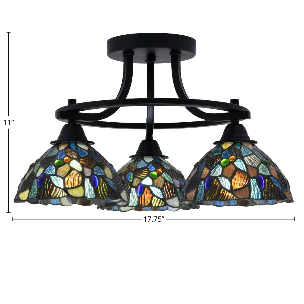 Paramount Three Light Semi-Flush Mount in Matte Black with 7" Blue Mosaic Art Glass Shade