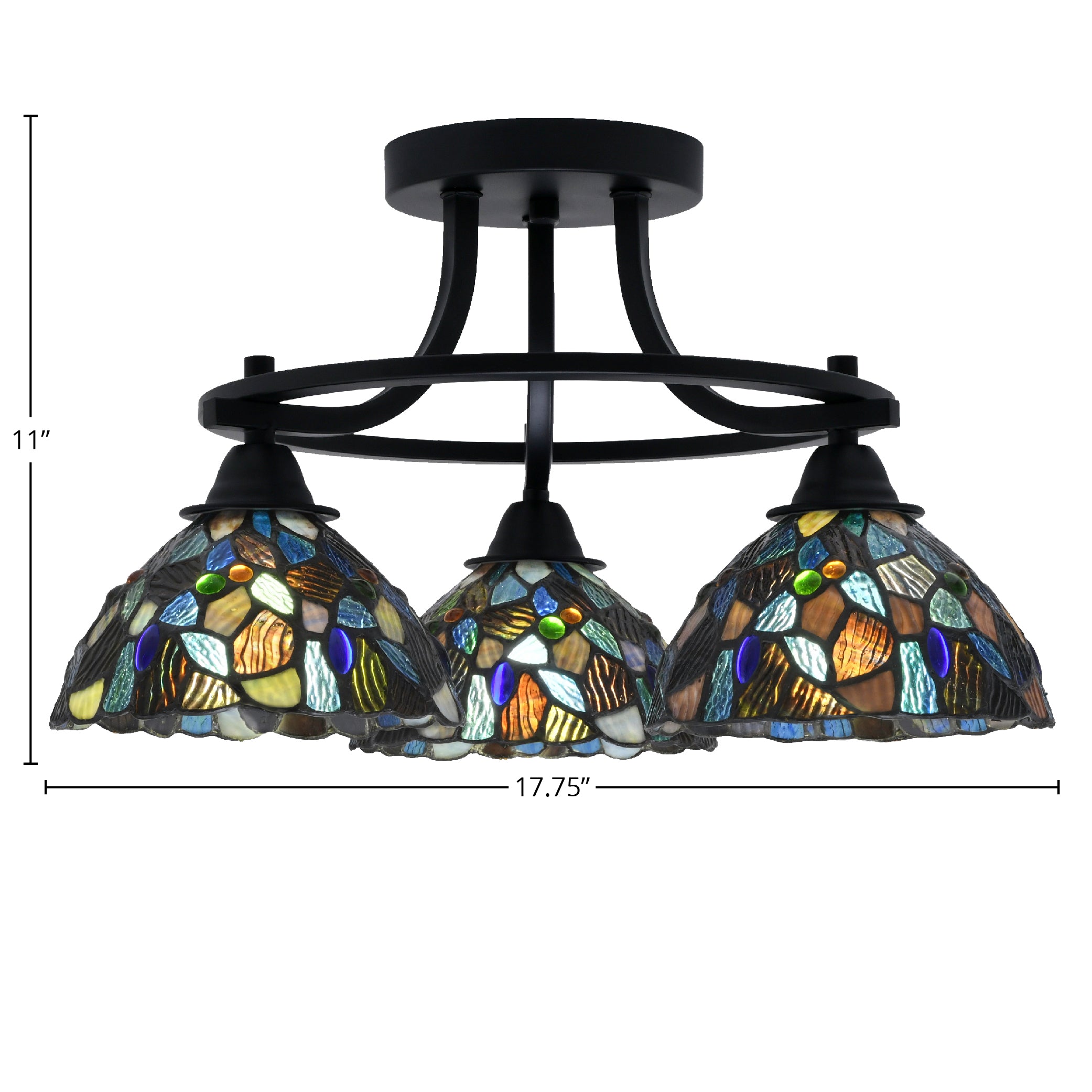 Paramount Three Light Semi-Flush Mount in Matte Black with 7" Blue Mosaic Art Glass Shade