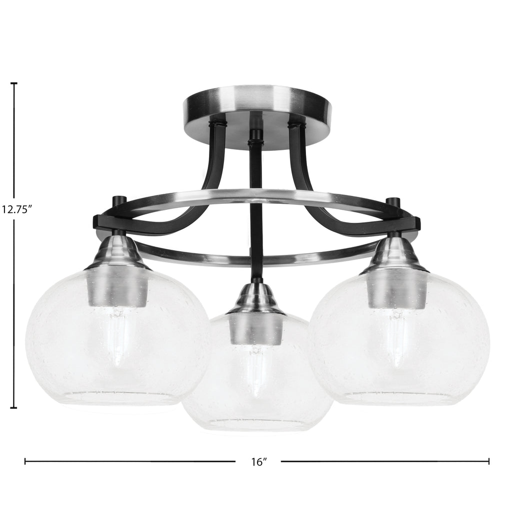 Paramount Three Light Semi-Flush Mount in Matte Black & Brushed Nickel with 7" Clear Bubble Shade
