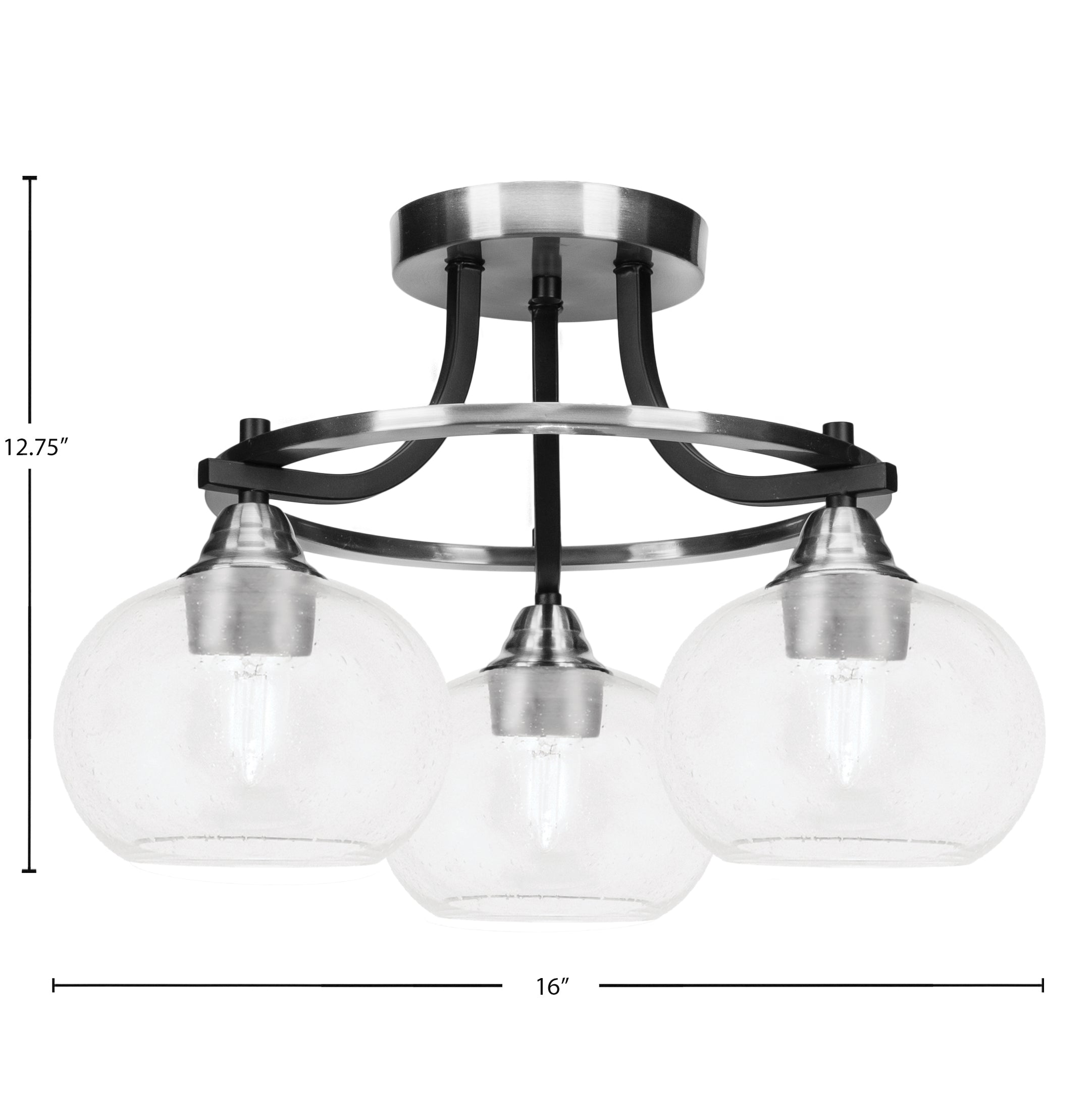 Paramount Three Light Semi-Flush Mount in Matte Black & Brushed Nickel with 7" Clear Bubble Shade