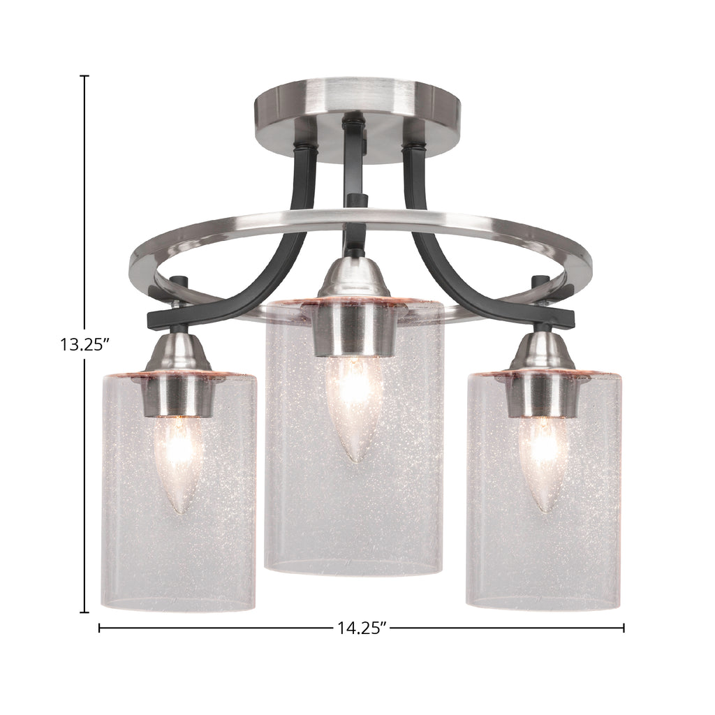 Paramount Three Light Semi-Flush Mount in Matte Black & Brushed Nickel with 4" Clear Bubble Shade
