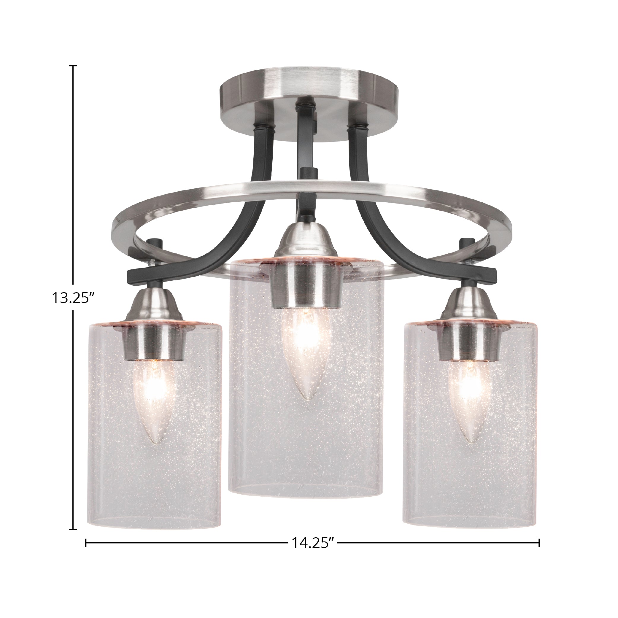Paramount Three Light Semi-Flush Mount in Matte Black & Brushed Nickel with 4" Clear Bubble Shade