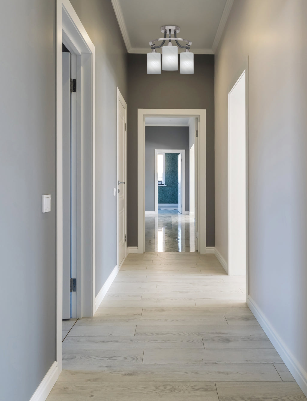 Paramount Three Light Semi-Flush Mount in Matte Black & Brushed Nickel with 4" White Marble Shade