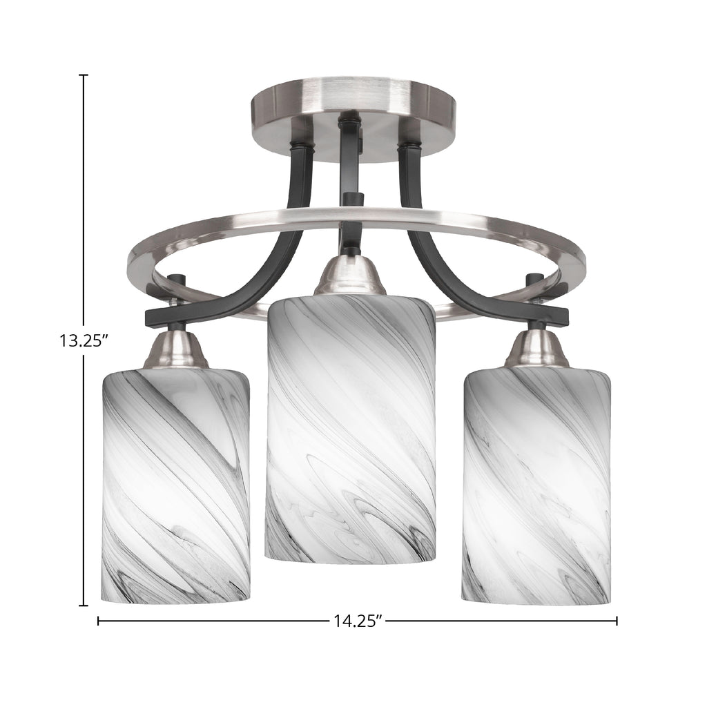 Paramount Three Light Semi-Flush Mount in Matte Black & Brushed Nickel with 4" Onyx Swirl Shade