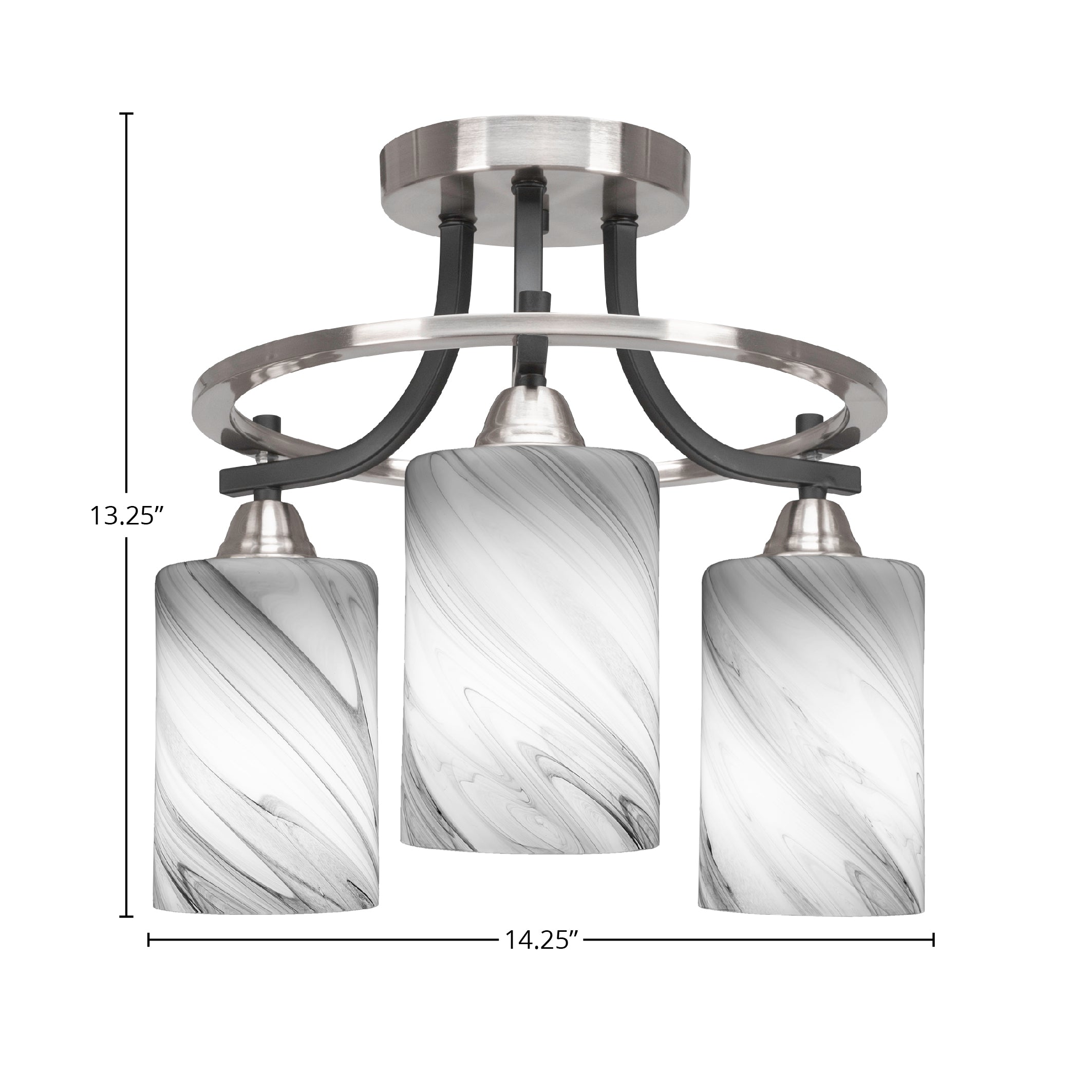 Paramount Three Light Semi-Flush Mount in Matte Black & Brushed Nickel with 4" Onyx Swirl Shade