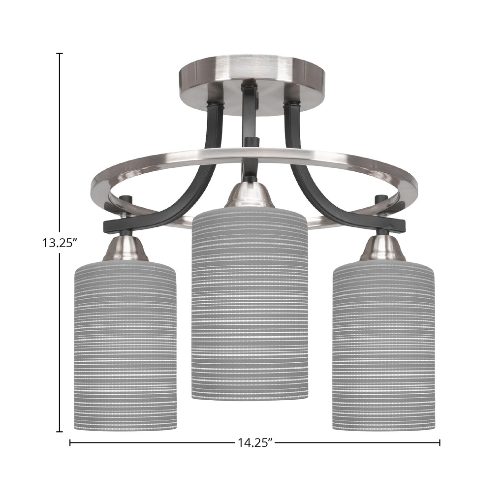 Paramount Three Light Semi-Flush Mount in Matte Black & Brushed Nickel with 4" Gray Matrix Shade