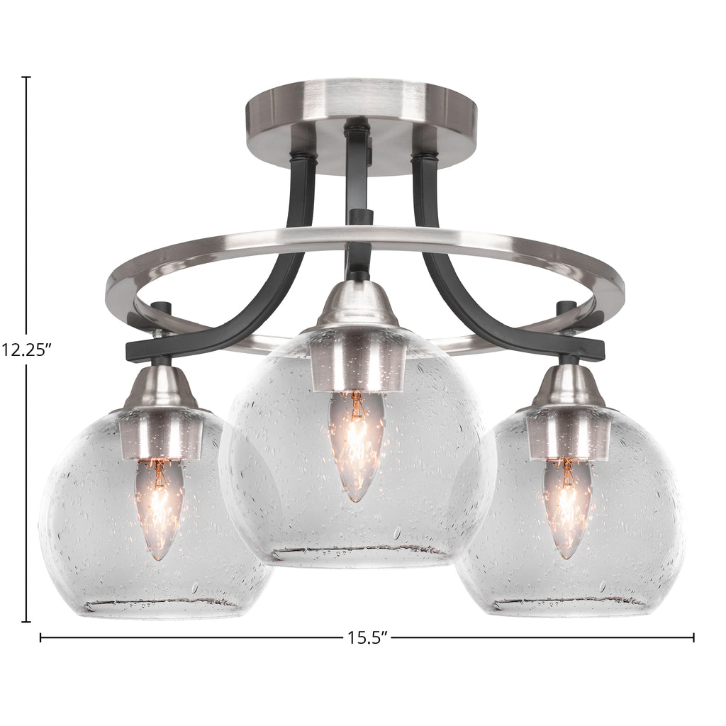 Paramount Three Light Semi-Flush Mount in Matte Black & Brushed Nickel with 5.75" Clear Bubble Shade