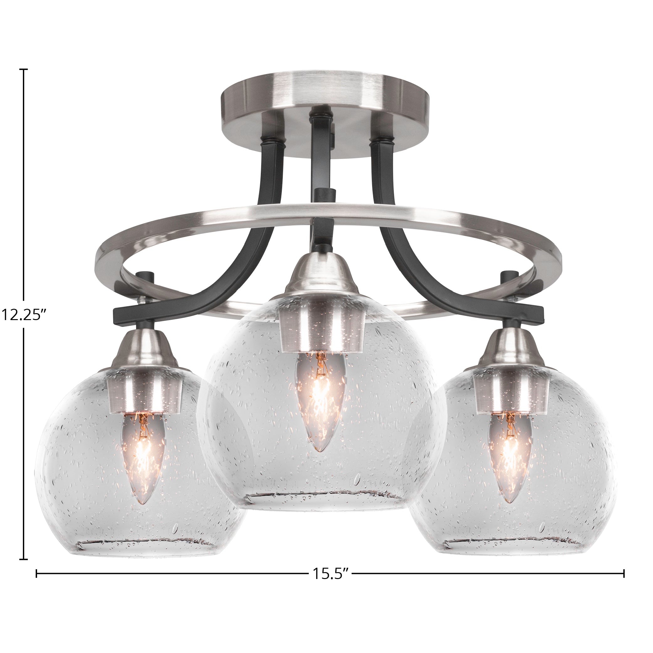 Paramount Three Light Semi-Flush Mount in Matte Black & Brushed Nickel with 5.75" Clear Bubble Shade