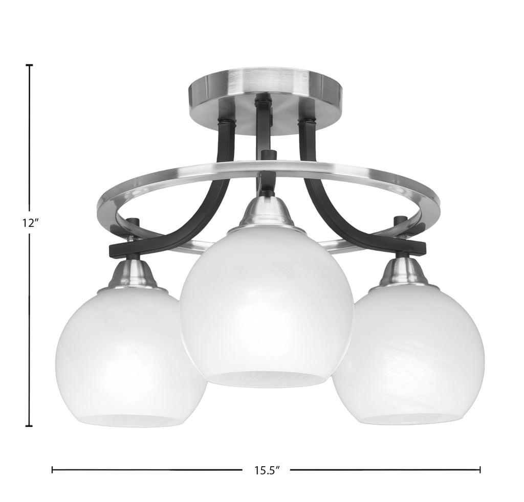 Paramount Three Light Semi-Flush Mount in Matte Black & Brushed Nickel with 5.75" White Marble Shade