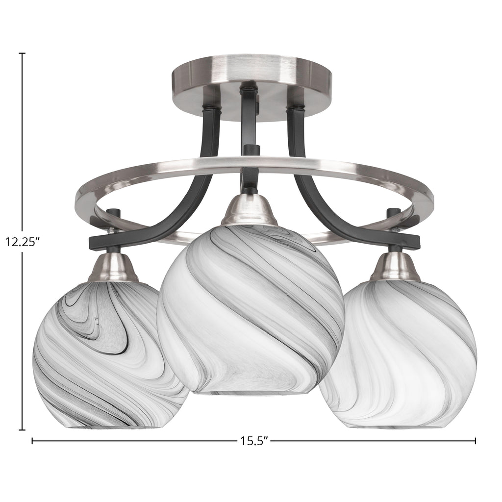Paramount Three Light Semi-Flush Mount in Matte Black & Brushed Nickel with 5.75" Onyx Swirl Shade