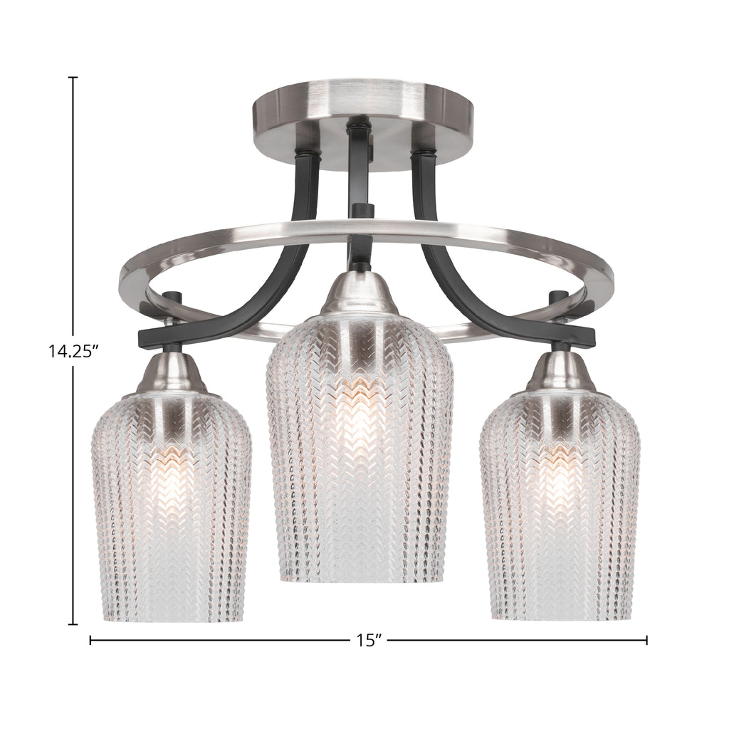 Paramount Three Light Semi-Flush Mount in Matte Black & Brushed Nickel with 5" Clear Textured Shade