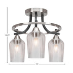 Paramount Three Light Semi-Flush Mount in Matte Black & Brushed Nickel with 5" Clear Textured Shade