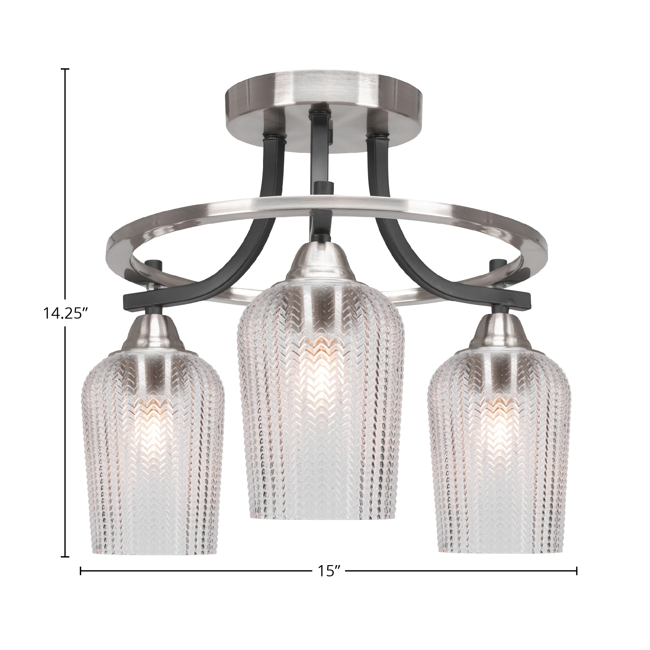 Paramount Three Light Semi-Flush Mount in Matte Black & Brushed Nickel with 5" Clear Textured Shade