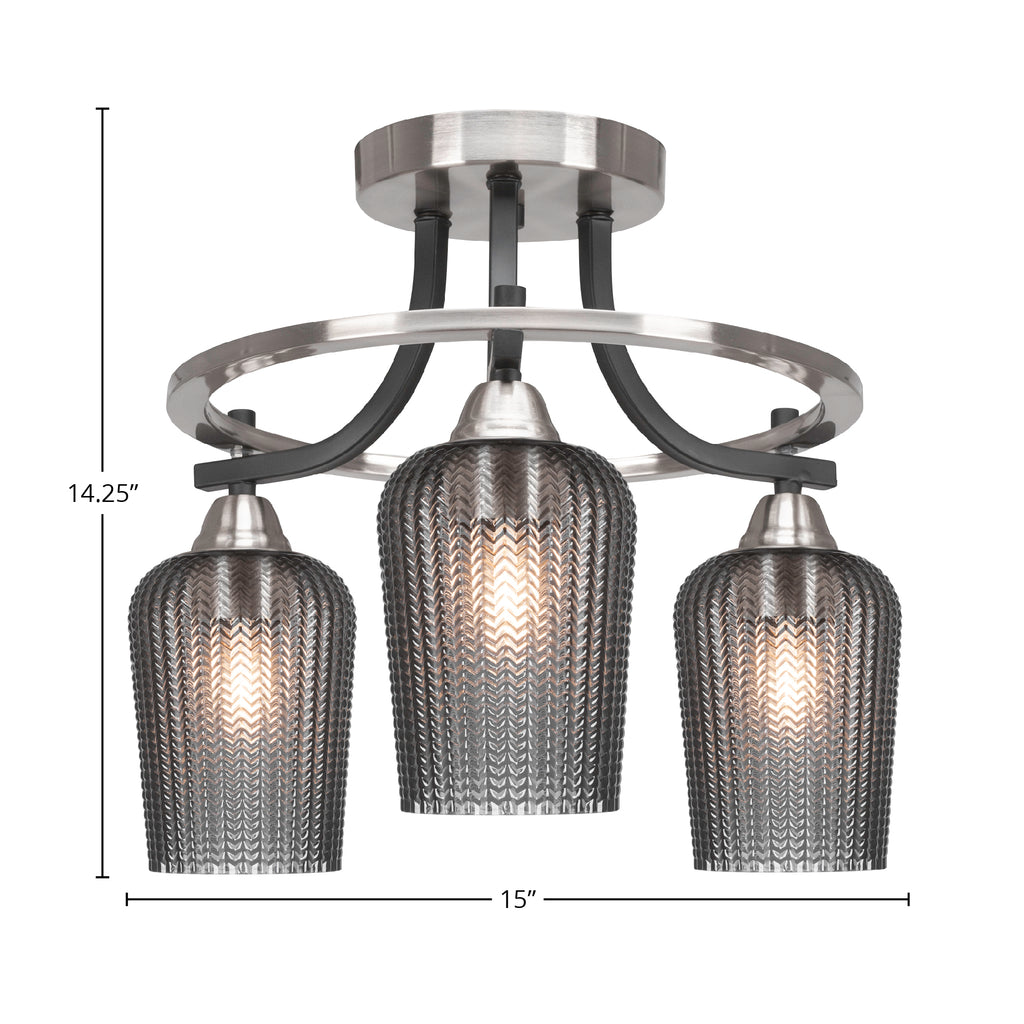 Paramount Three Light Semi-Flush Mount in Matte Black & Brushed Nickel with 5" Smoke Textured Shade