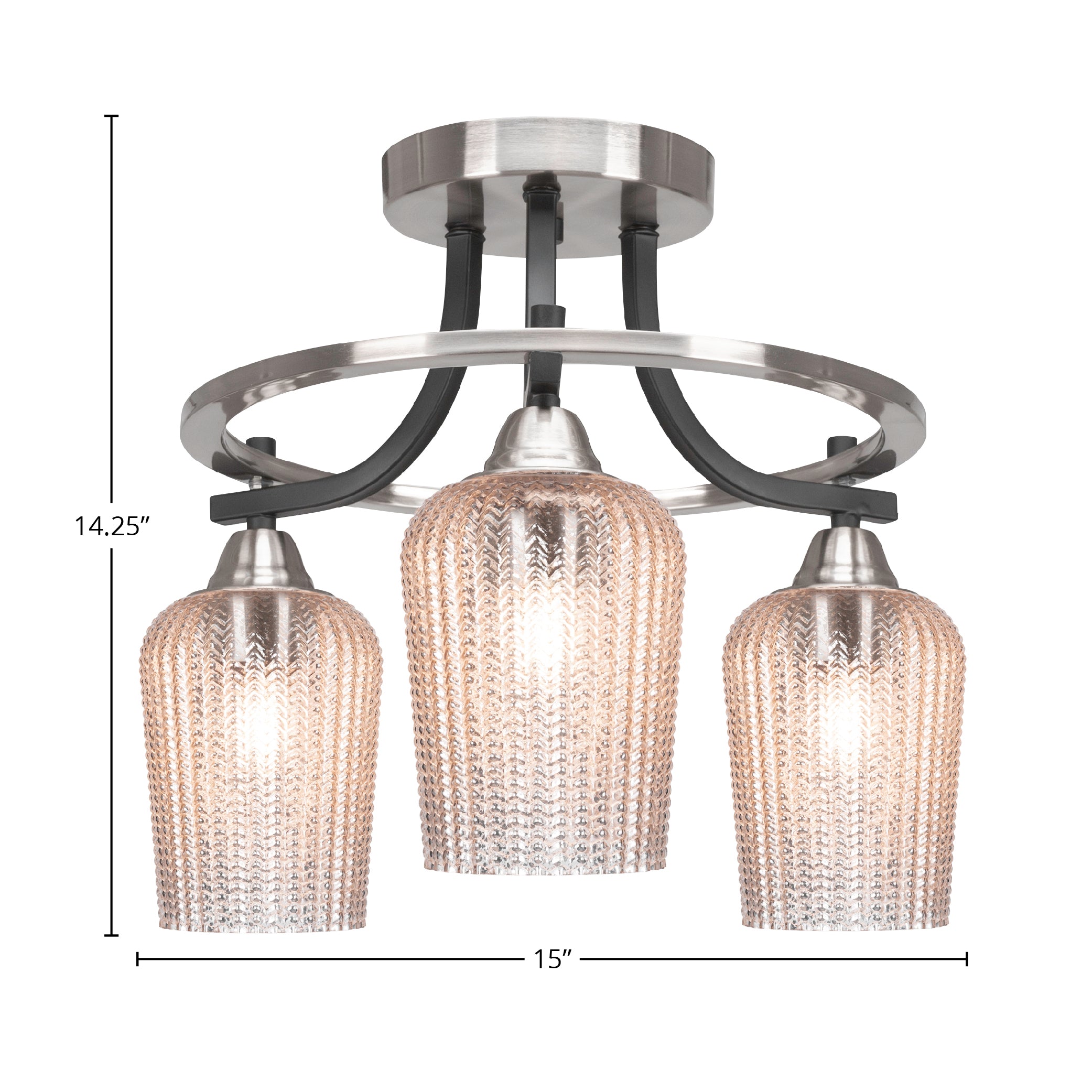 Paramount Three Light Semi-Flush Mount in Matte Black & Brushed Nickel with 5" Silver Textured Shade