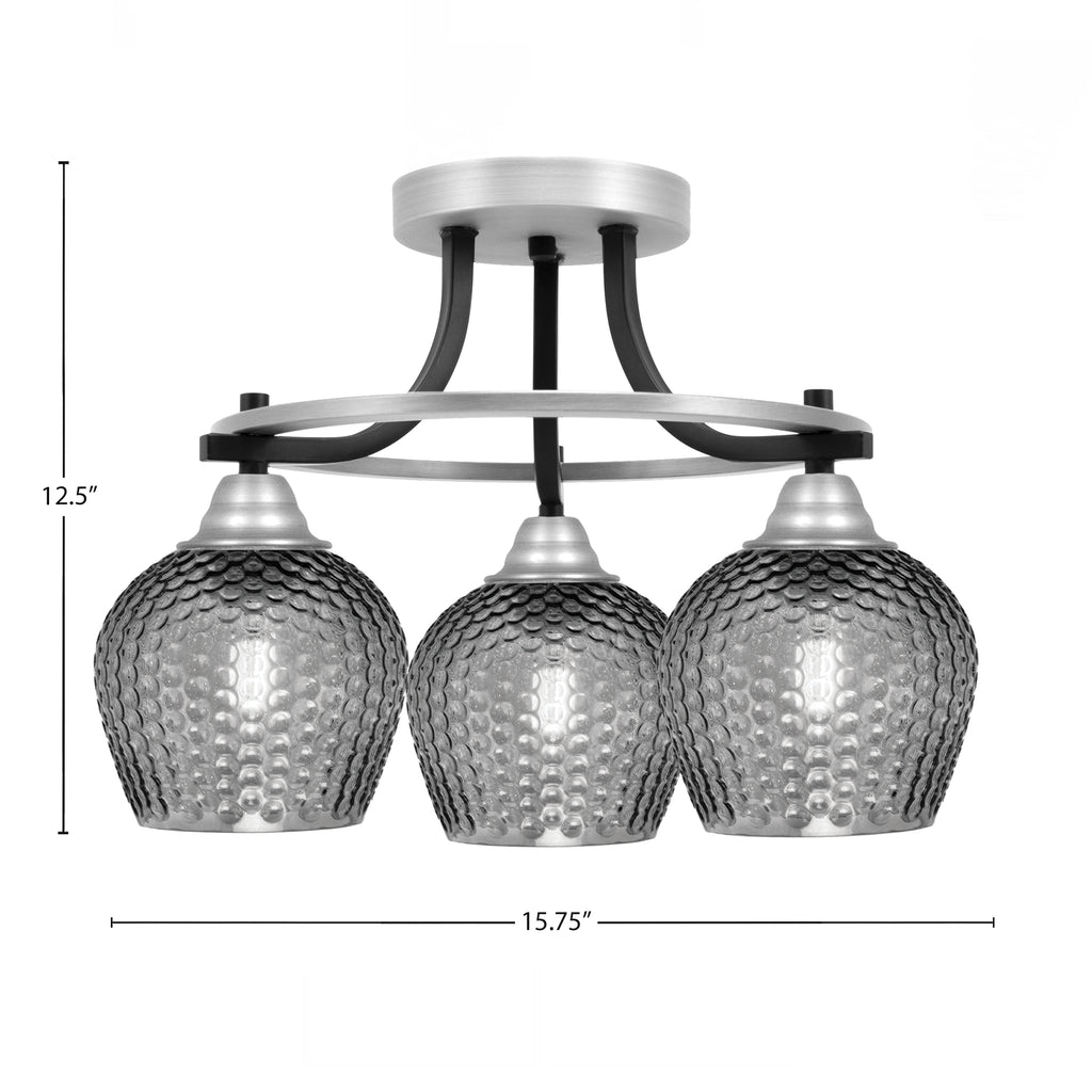 Paramount Three Light Semi-Flush Mount in Matte Black & Brushed Nickel with Smoke Textured Shade