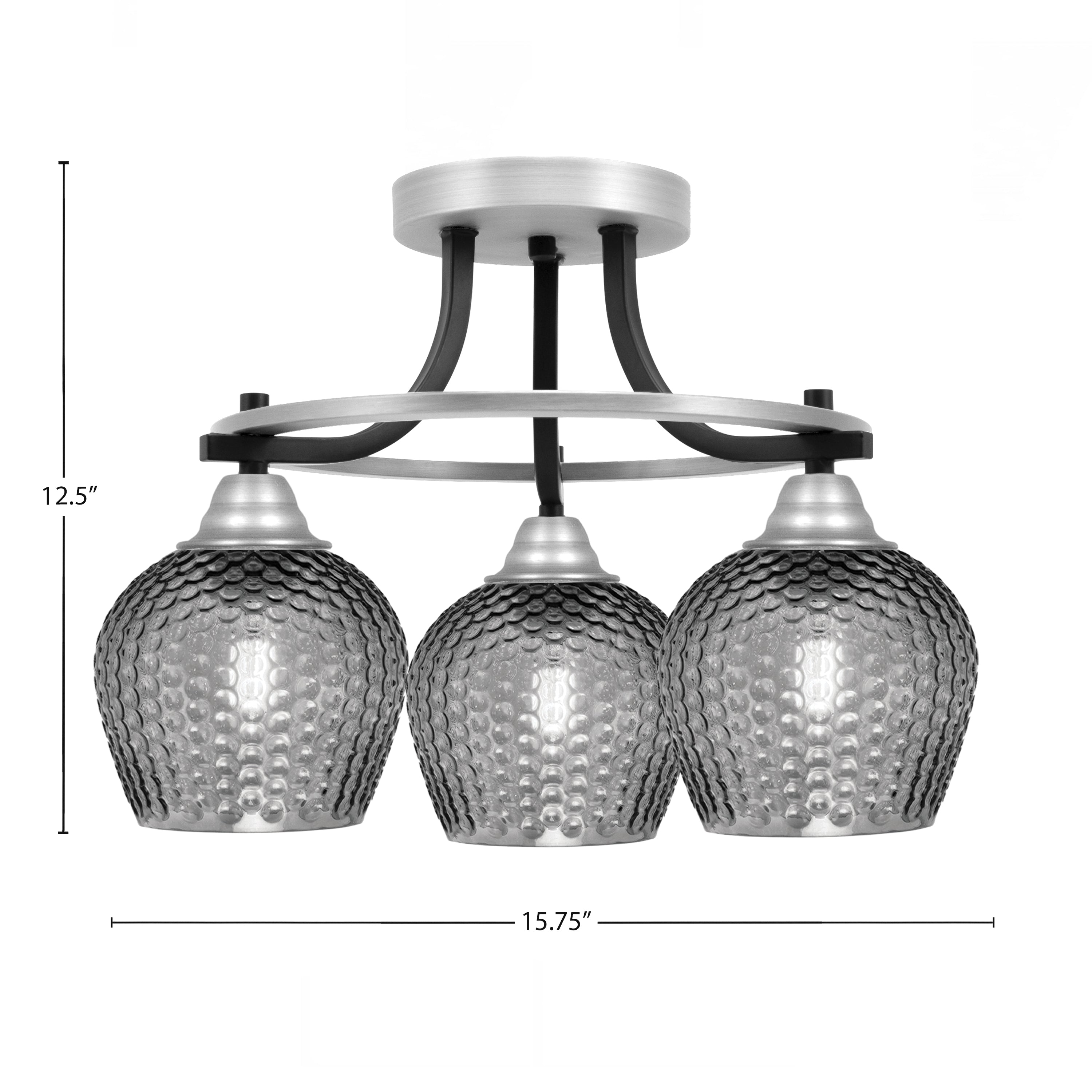 Paramount Three Light Semi-Flush Mount in Matte Black & Brushed Nickel with Smoke Textured Shade