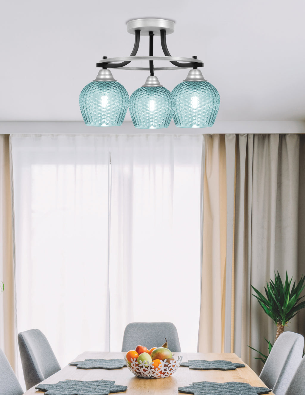 Paramount Three Light Semi-Flush Mount in Matte Black & Brushed Nickel with Turquoise Textured Shade
