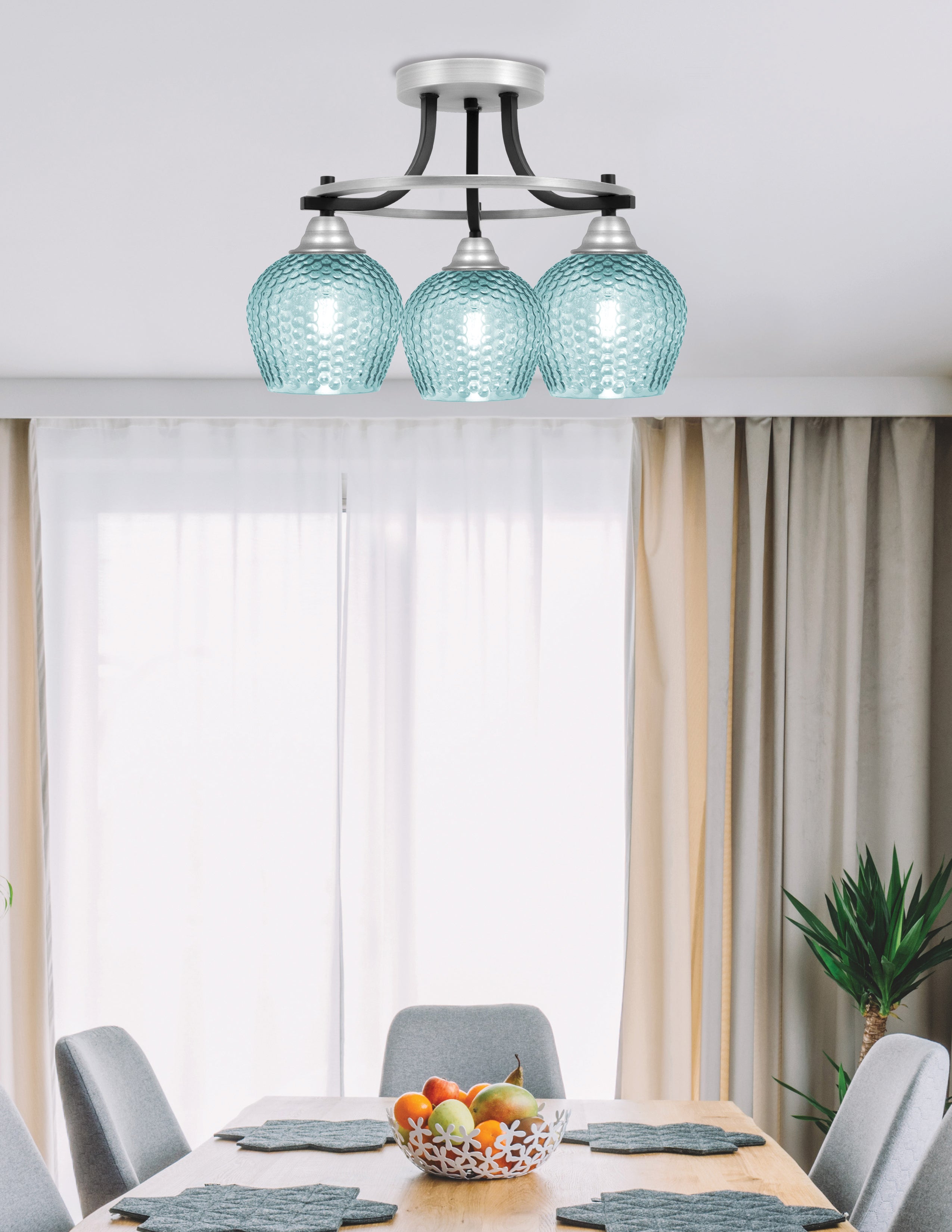 Paramount Three Light Semi-Flush Mount in Matte Black & Brushed Nickel with Turquoise Textured Shade