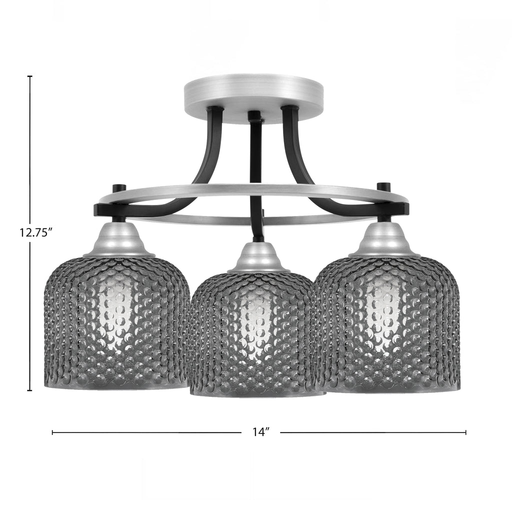 Paramount Three Light Semi-Flush Mount in Matte Black & Brushed Nickel with Smoke Textured Shade