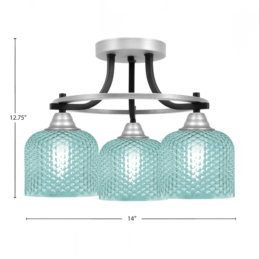 Paramount Three Light Semi-Flush Mount in Matte Black & Brushed Nickel with Turquoise Textured Shade