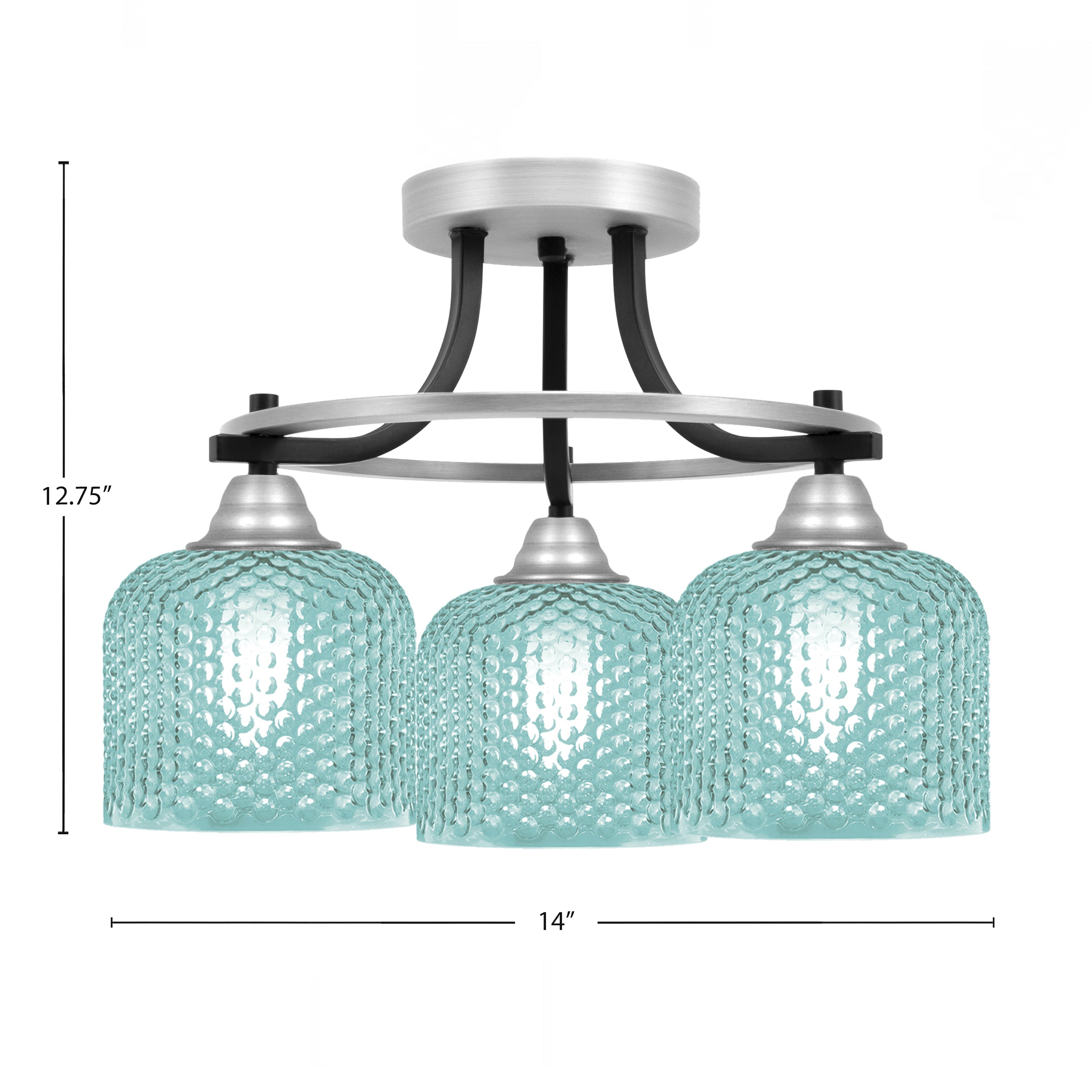 Paramount Three Light Semi-Flush Mount in Matte Black & Brushed Nickel with Turquoise Textured Shade