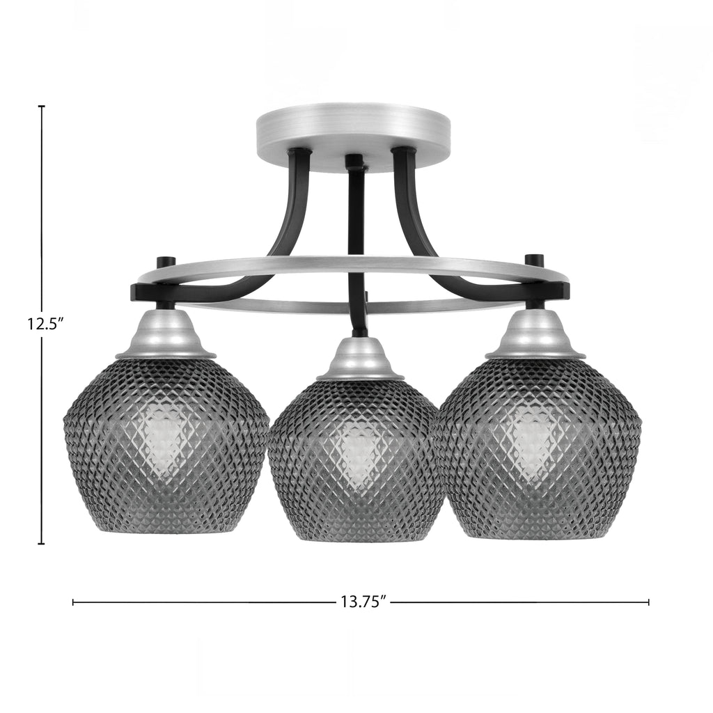 Paramount Three Light Semi-Flush Mount in Matte Black & Brushed Nickel with Smoke Textured Shade