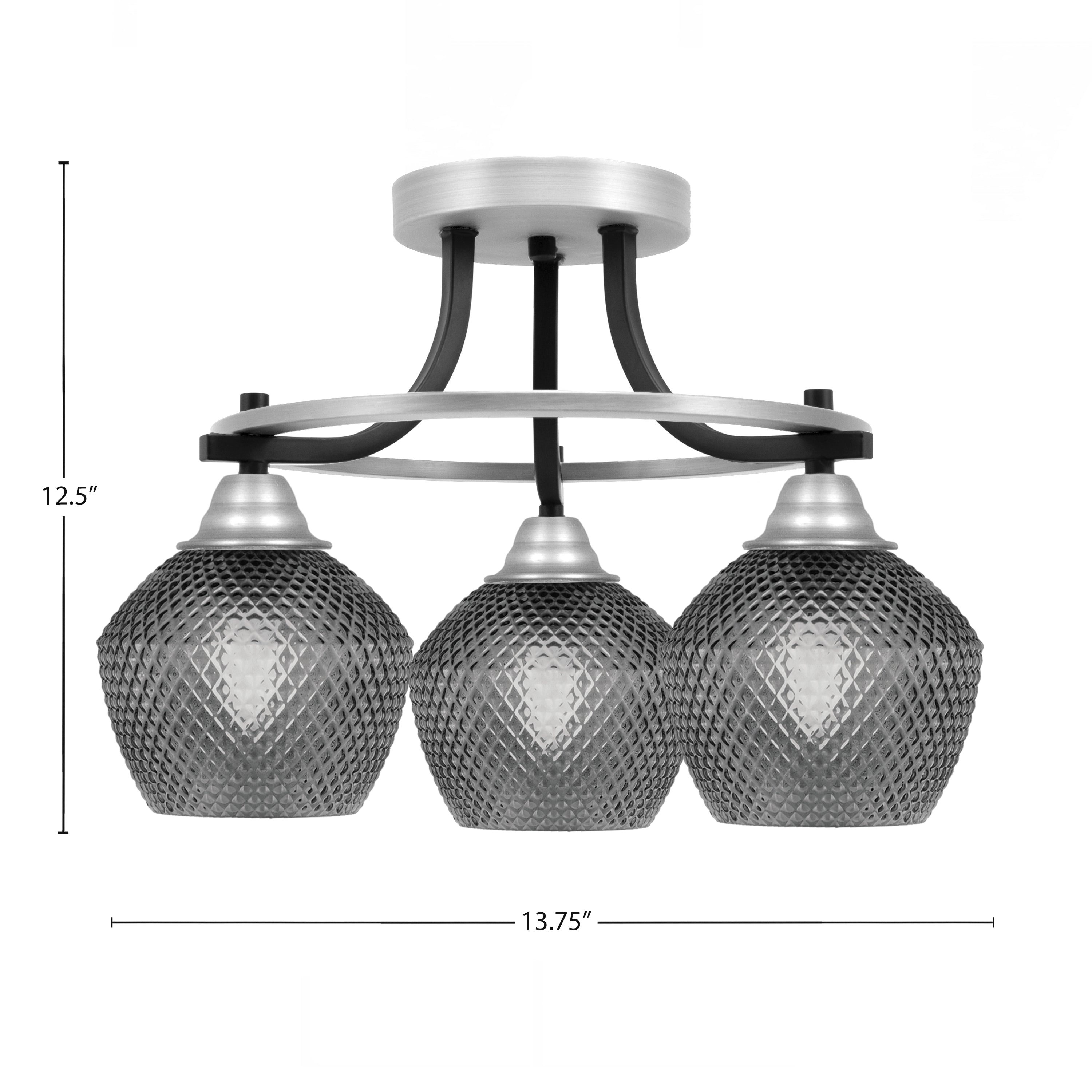 Paramount Three Light Semi-Flush Mount in Matte Black & Brushed Nickel with Smoke Textured Shade