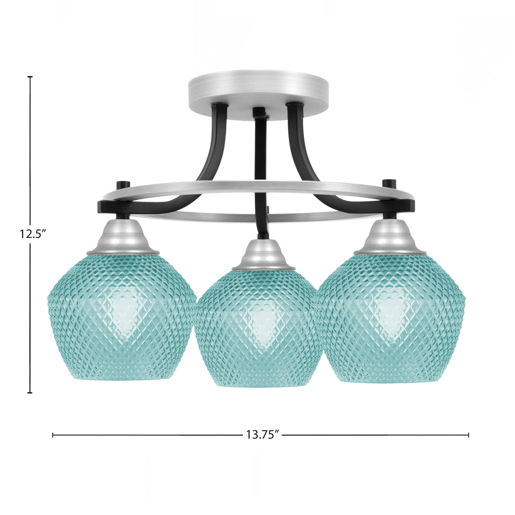 Paramount Three Light Semi-Flush Mount in Matte Black & Brushed Nickel with Turquoise Textured Shade