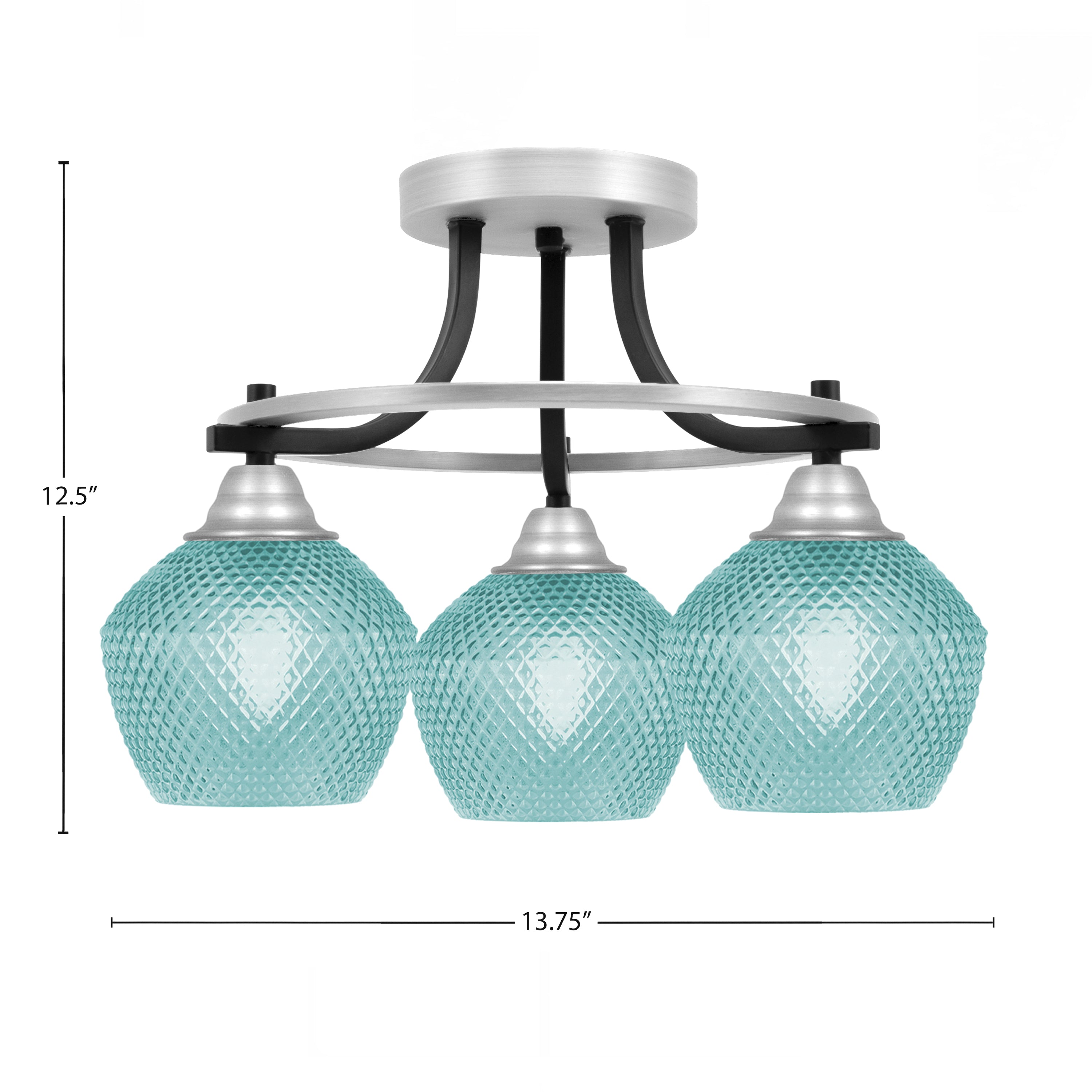 Paramount Three Light Semi-Flush Mount in Matte Black & Brushed Nickel with Turquoise Textured Shade