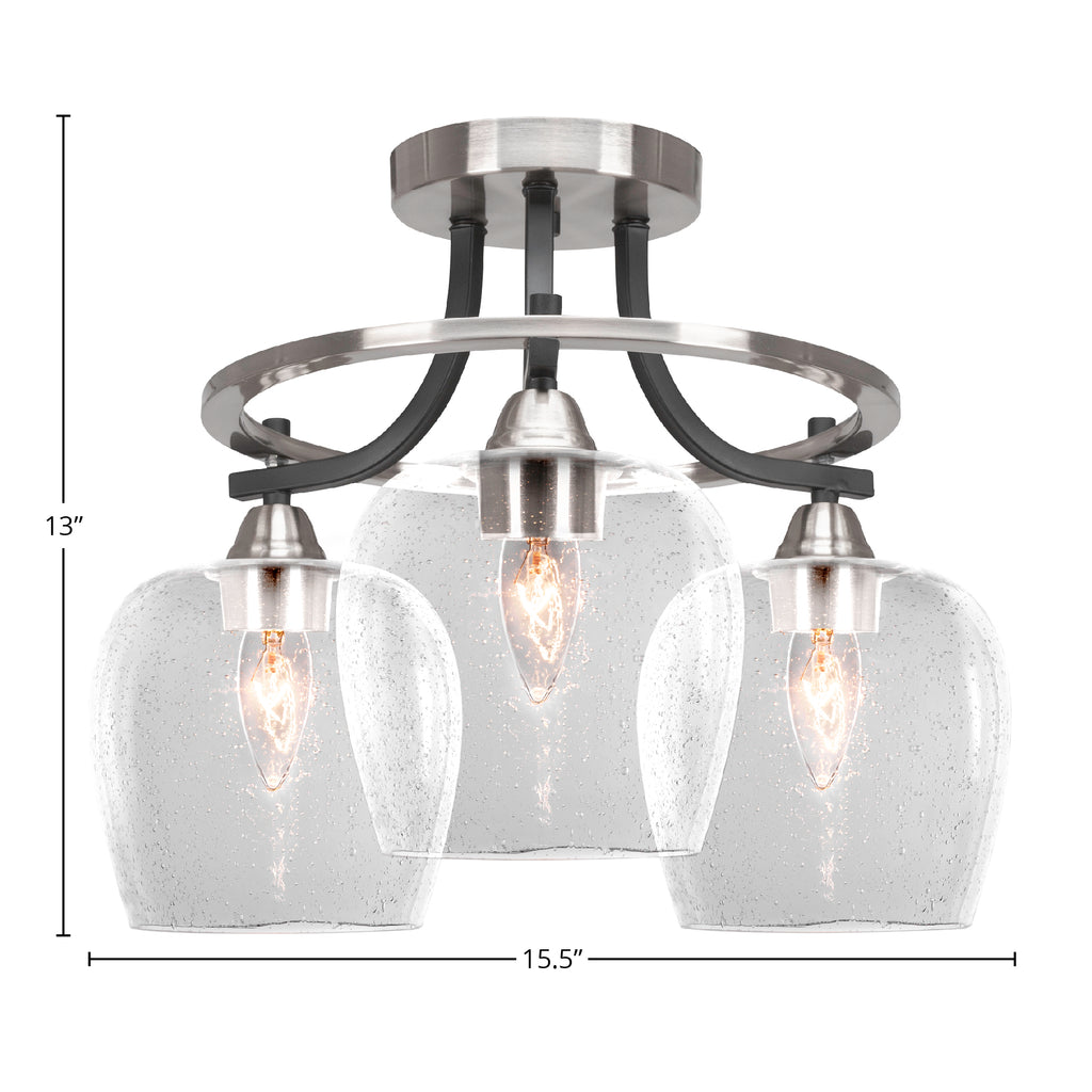 Paramount Three Light Semi-Flush Mount in Matte Black & Brushed Nickel with 6" Clear Bubble Shade