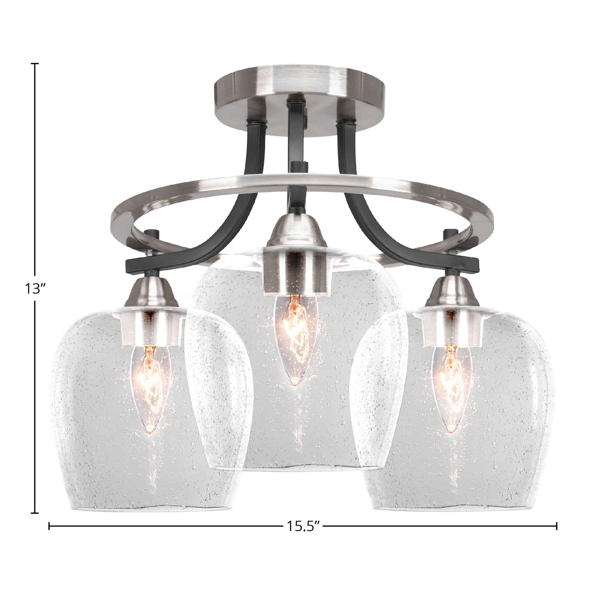 Paramount Three Light Semi-Flush Mount in Matte Black & Brushed Nickel with 6" Clear Bubble Shade